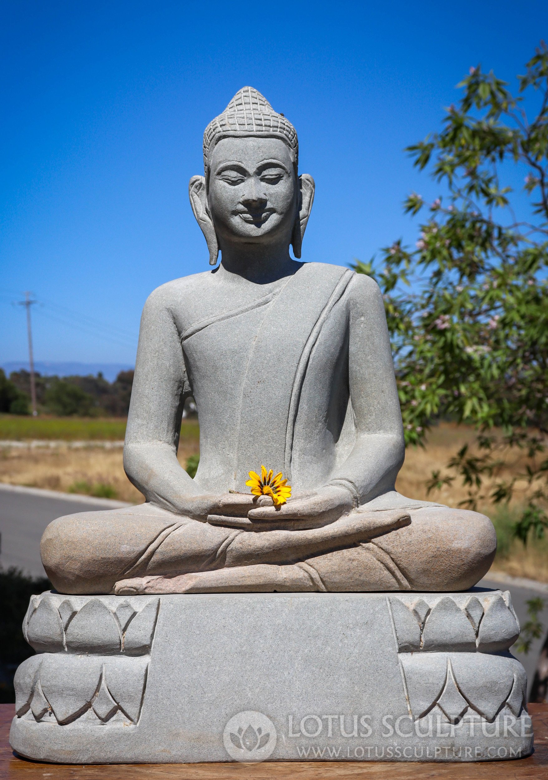 Cambodian Sandstone Buddha, Meditation Mudra, Separate Lotus Base 25"