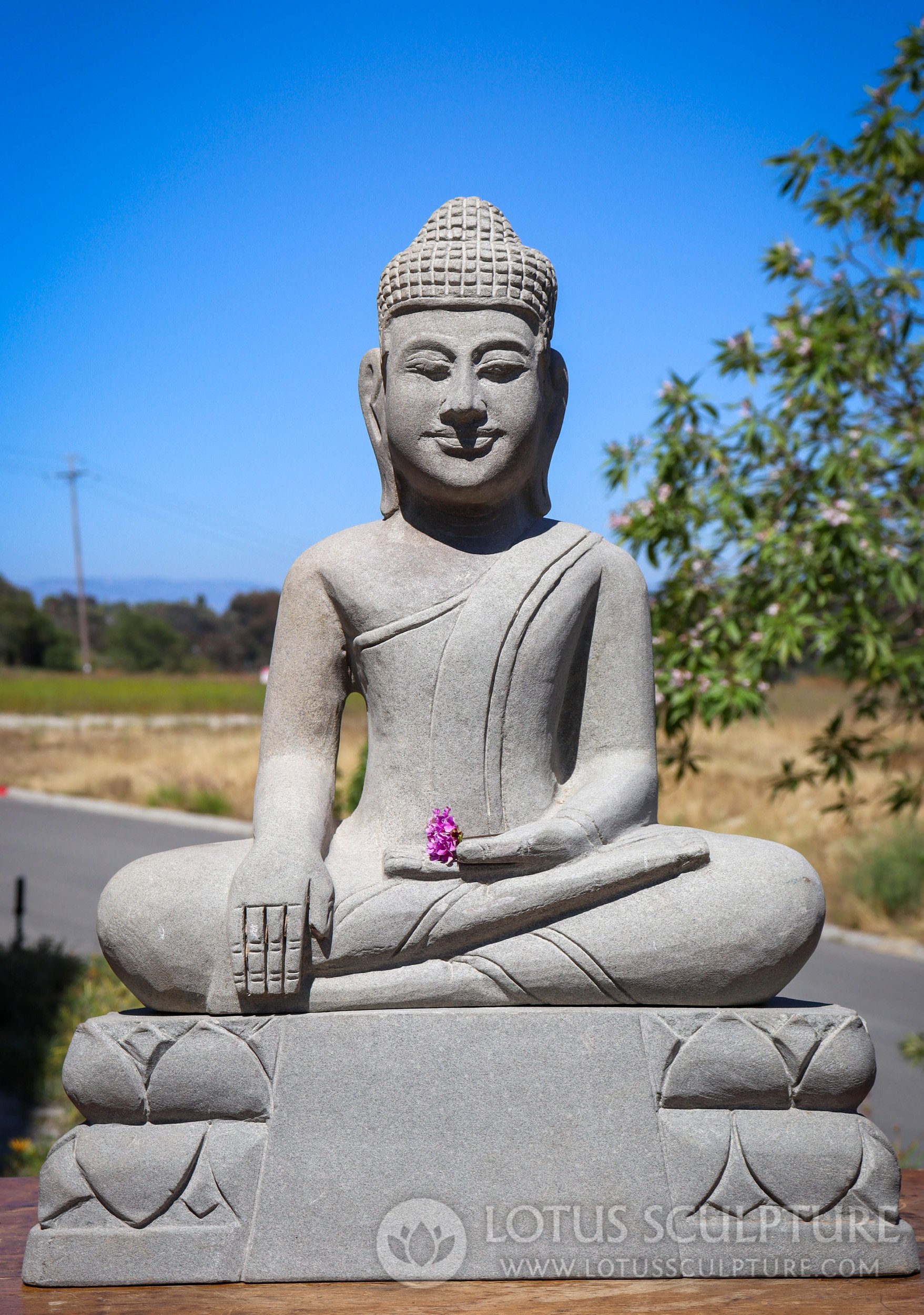 Cambodian Sandstone Buddha with Separate Base, Earth-Touching Mudra 22"