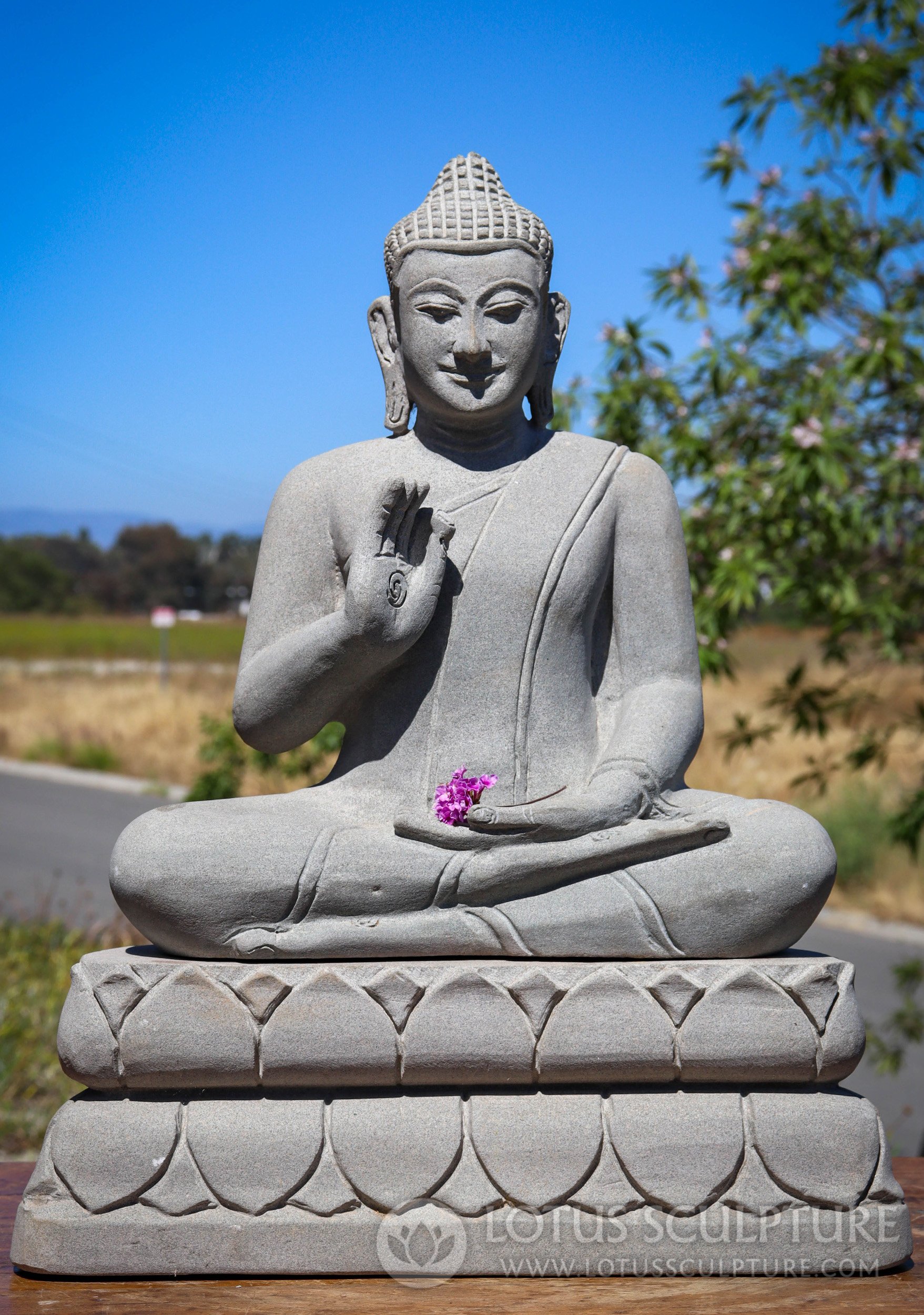 Cambodian Vitarka Buddha Sandstone Sculpture, Separate Lotus Base 21"