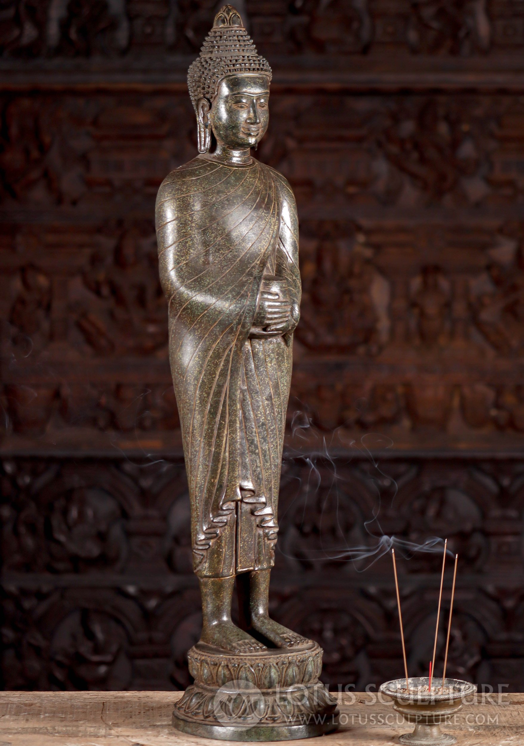 Cambodian Bronze Buddha Holding Alms Bowl with Lotus Ushnisha Finial 32"