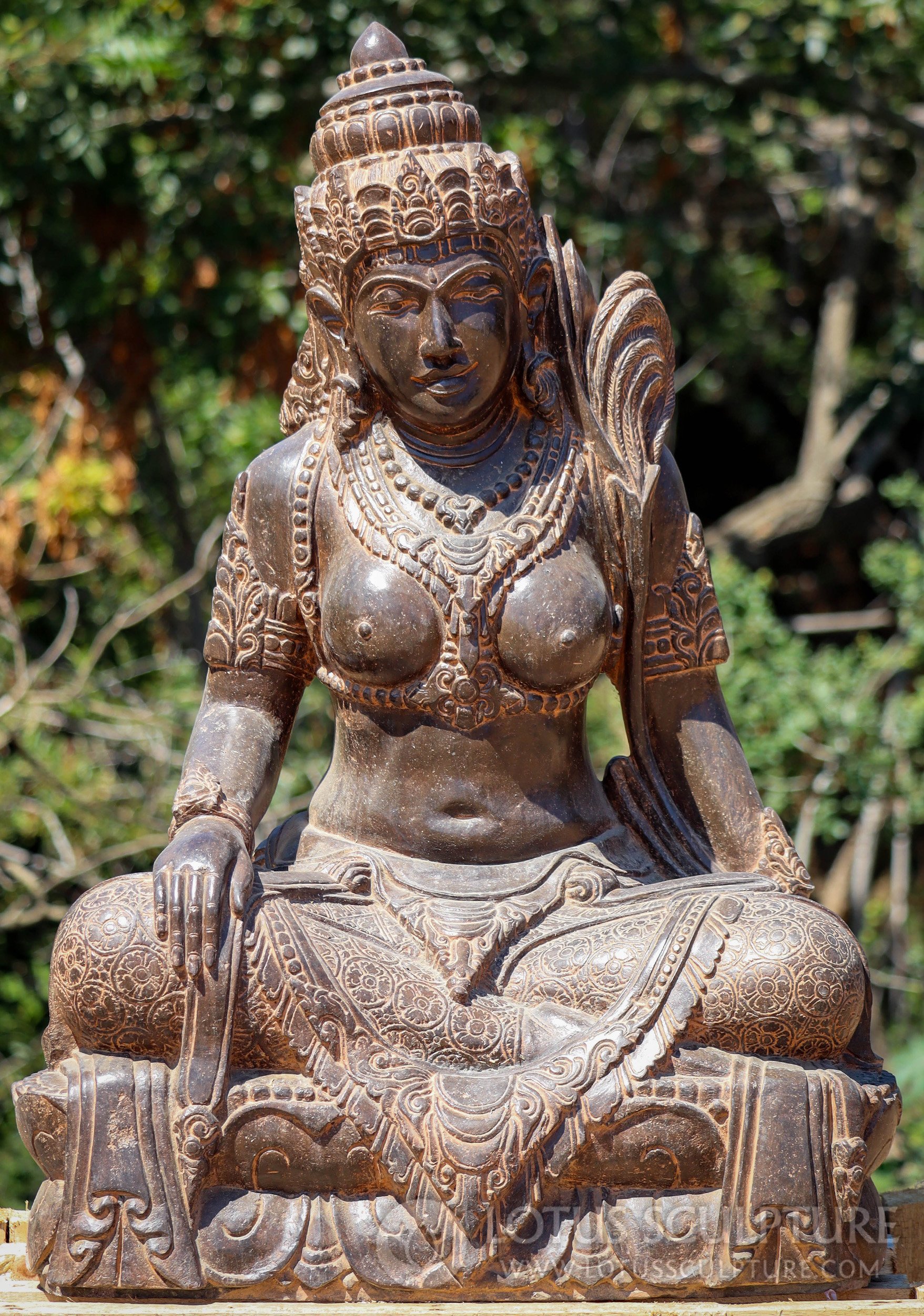 Saffron Colored Devi Tara: Majestic Lava Stone Carving for Enchanted Garden Spaces 36"