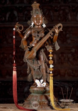 Brass Large Saraswati Statue Seated in Lalitasana on Large Lotus Base  Playing Veena 53