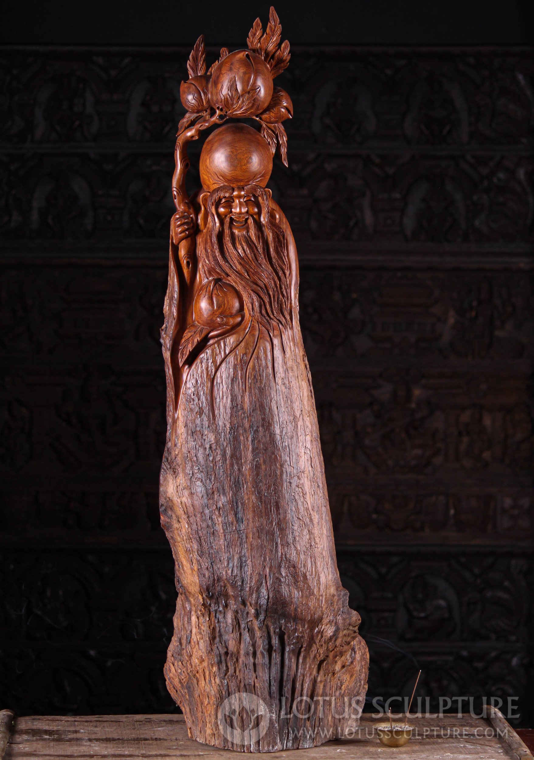 Lao Tzu with Peach Branch: Hand-Carved Vietnamese Wood Sculpture of Serenity 48"