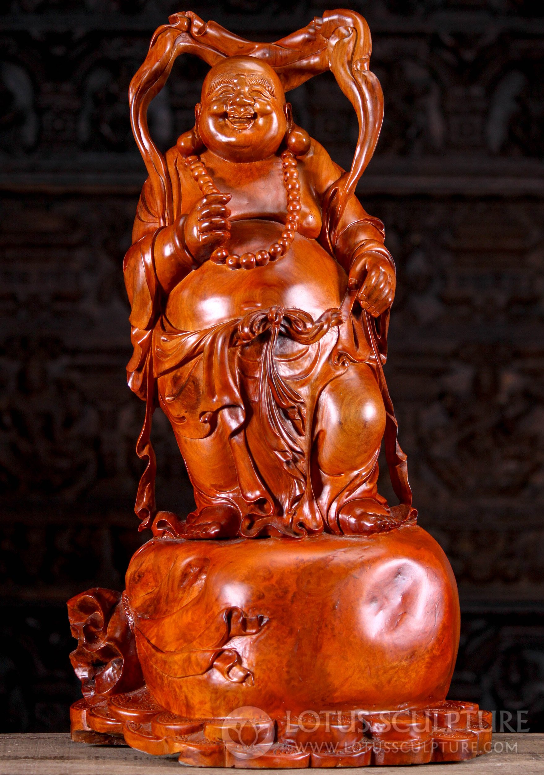 Wooden Vietnamese Fat & Happy Hotei Buddha of Wealth on Gold Sack Sculpture 28"