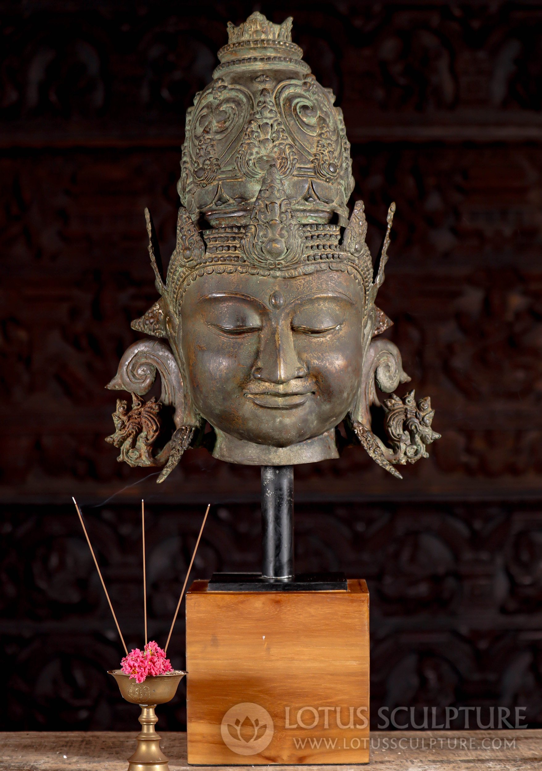 Elegant Brass Saraswati Head with Balinese Verde-Gris on Black Wood Base 28"