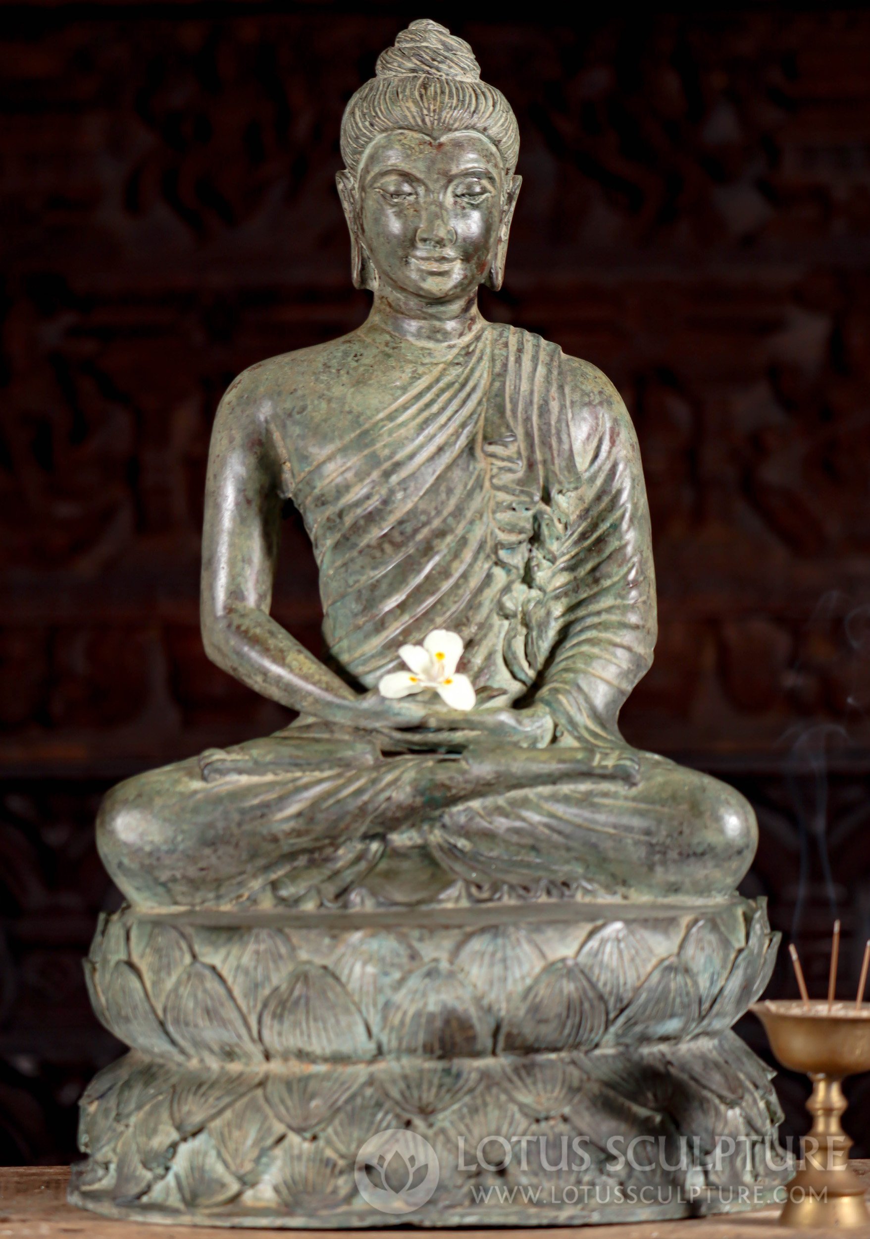 Antique Green Thai Brass Meditating Gandharan Buddha On Circular Lotus Base 23"