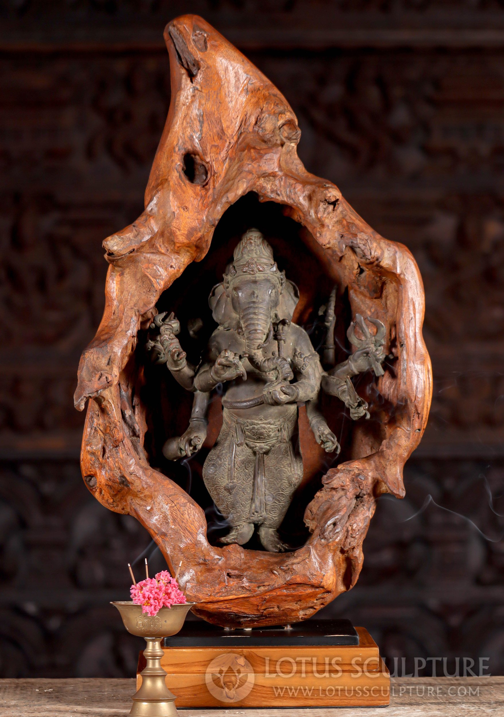 Ten-armed Brass Ganesha in Rustic Wood: Balinese Craft & Verde-Gris Finish 24.5"