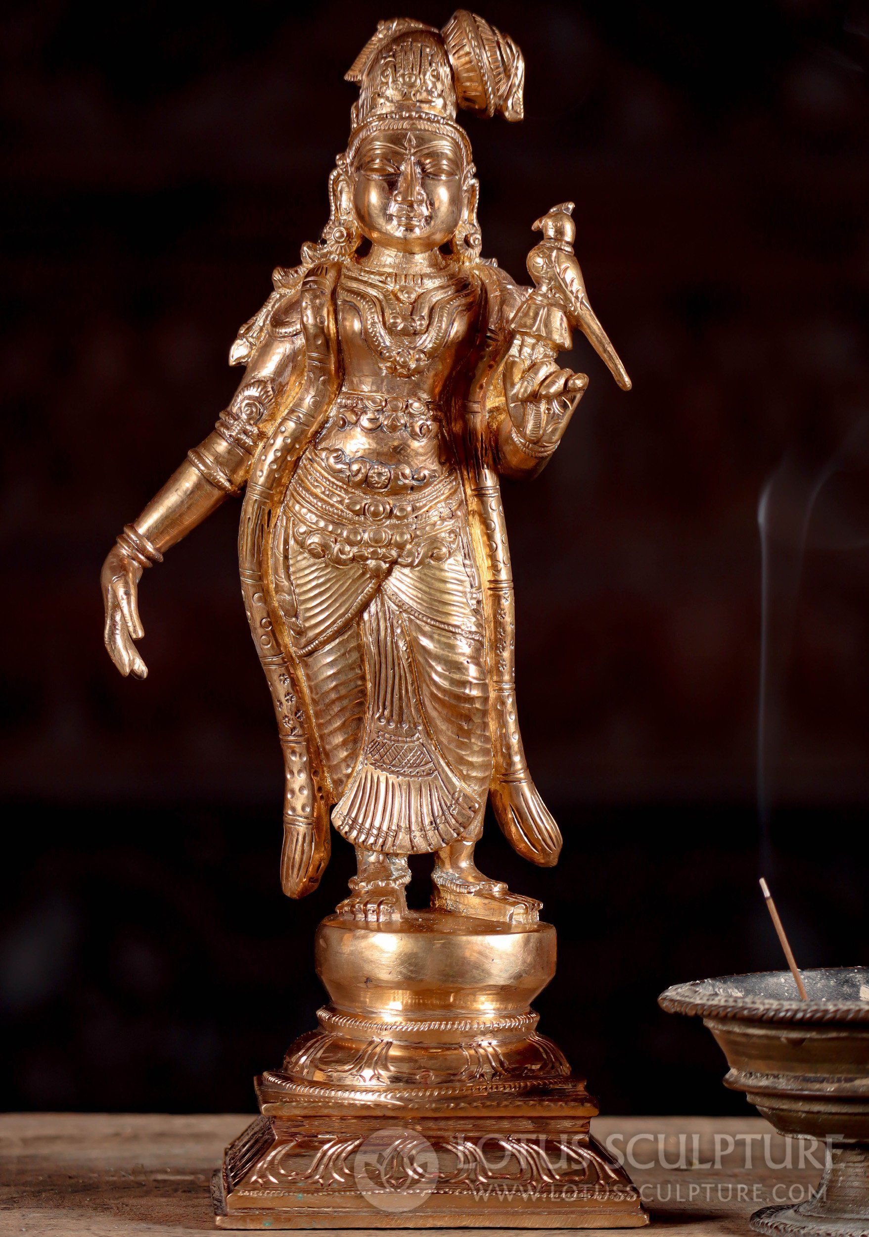 Bronze Vaishnavite Saint, Andal Statue with Parrot Only Female of the 12 Alvar Saints 12.5"