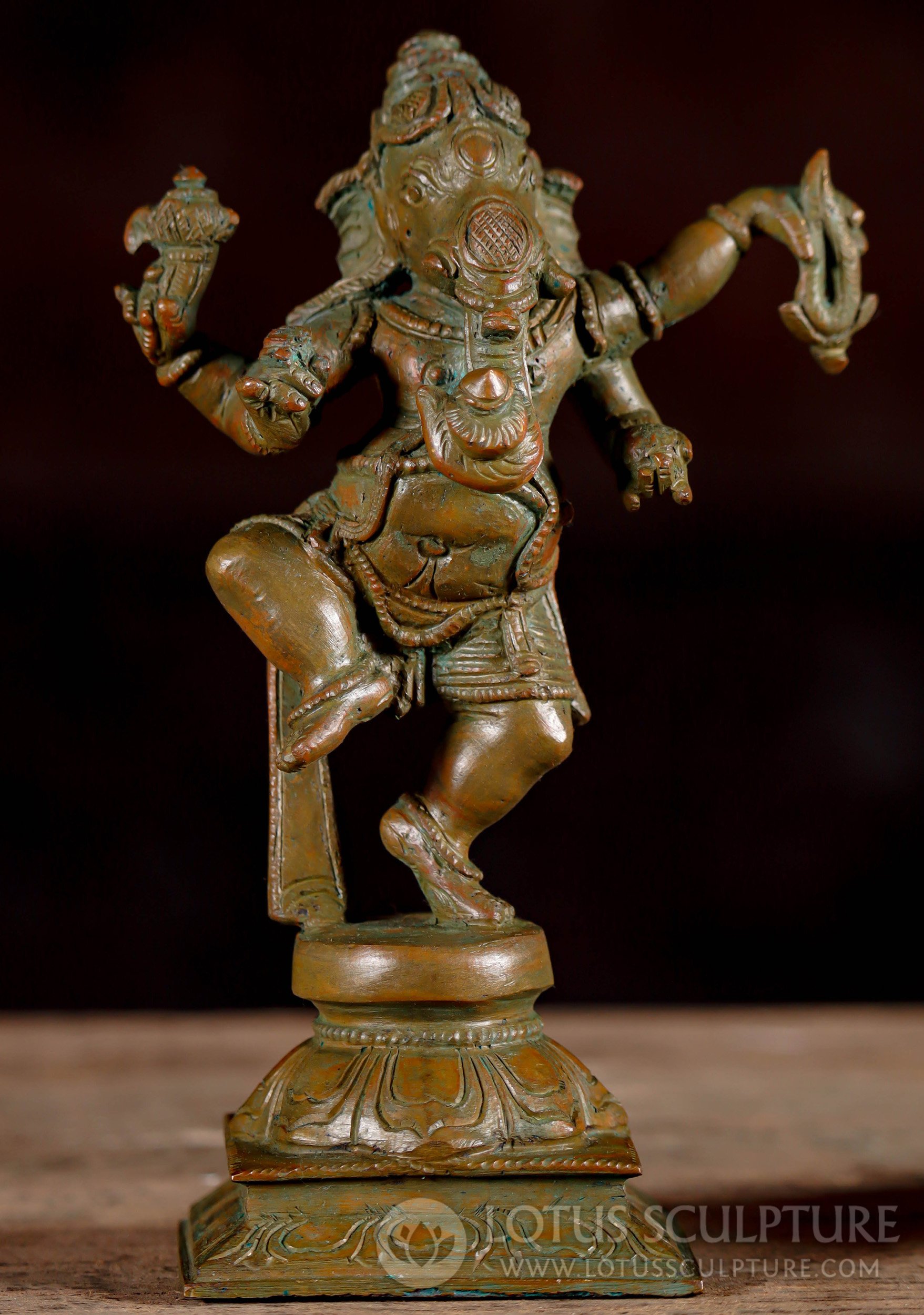 Dancing South Indian Bronze Ganesh on Lotus Remover of Obstacles 6.5"