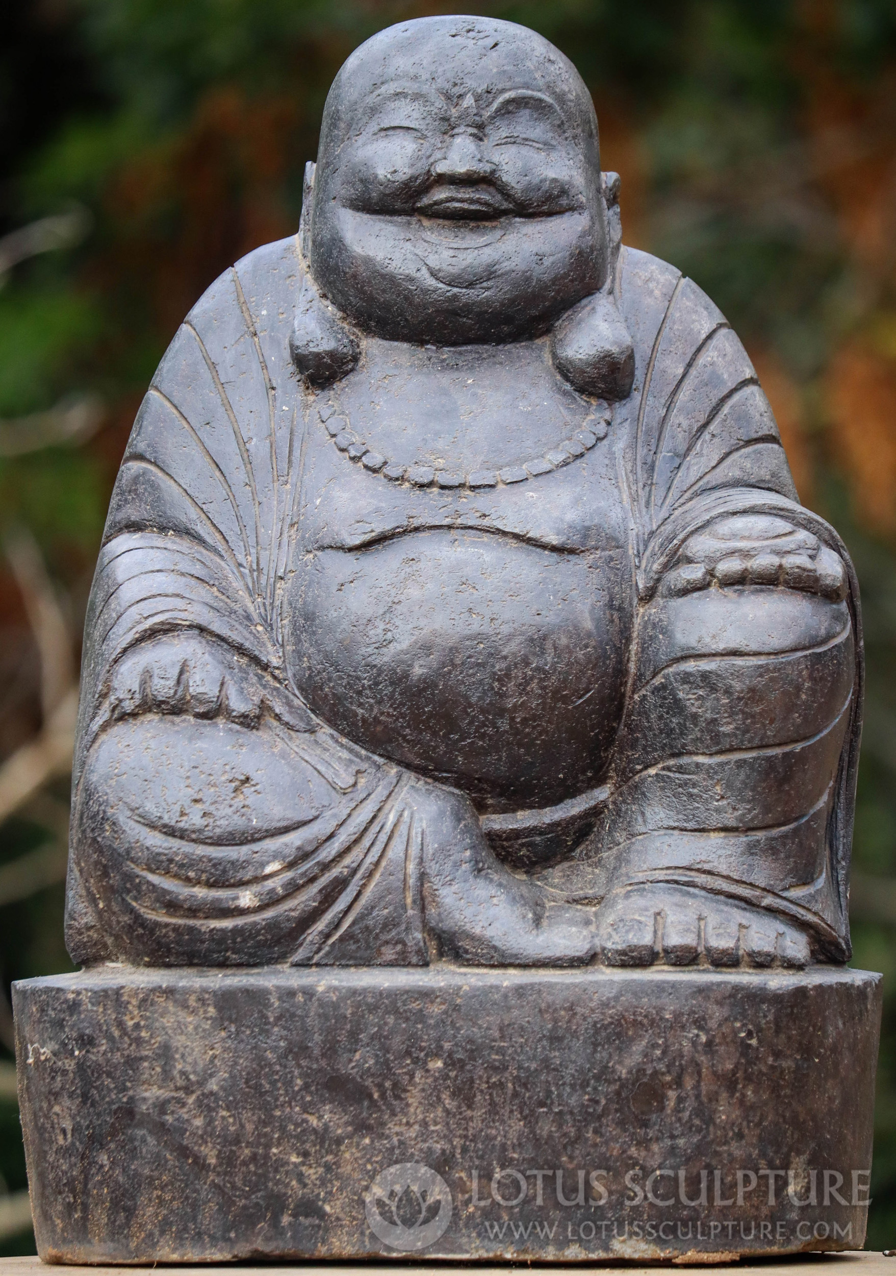 Lava Stone Happy Buddha: Hand-Carved Wealth & Prosperity for Garden 24"