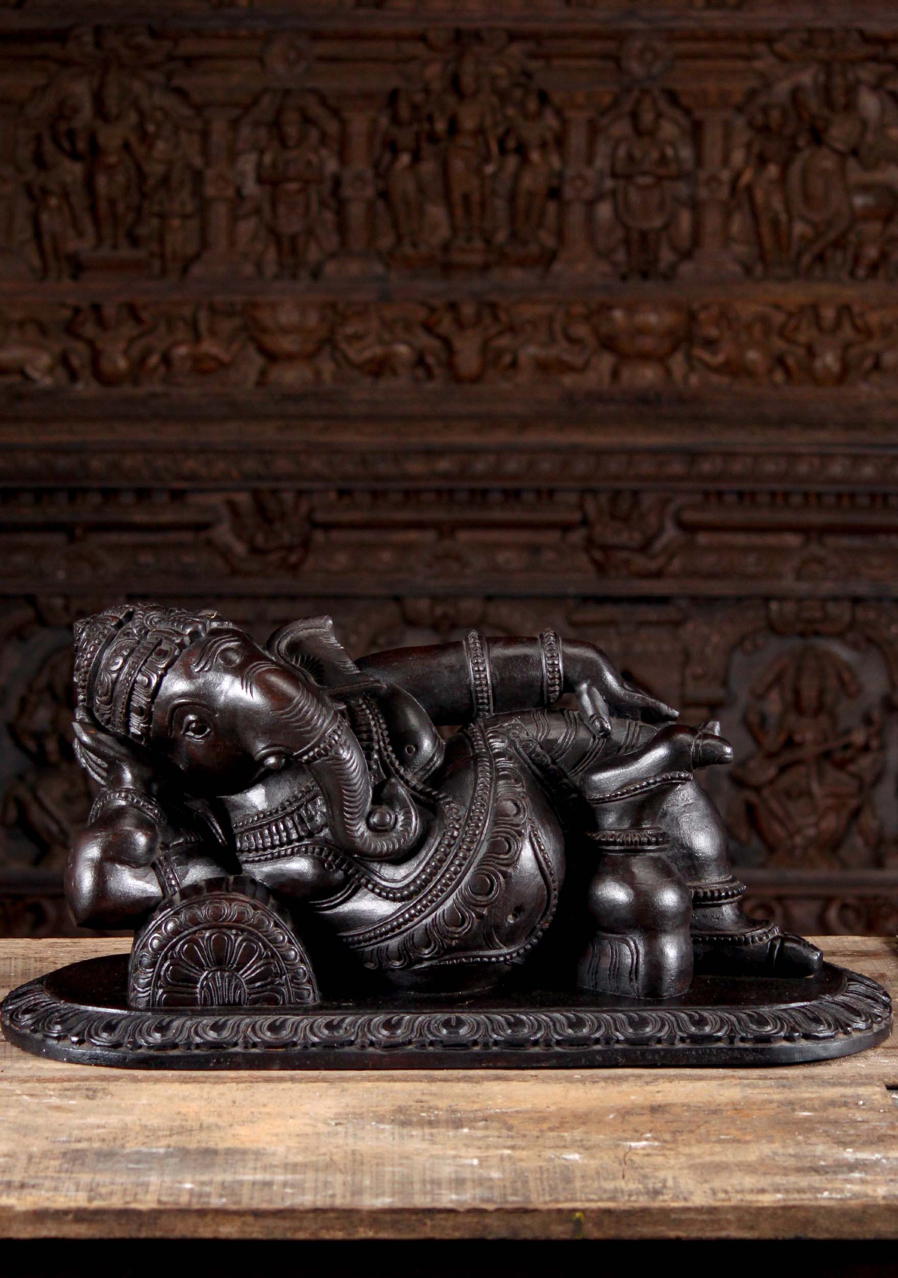 Wood Ganesh Statue in a Completely Relaxed Pose Reclining on a Pillow 28"