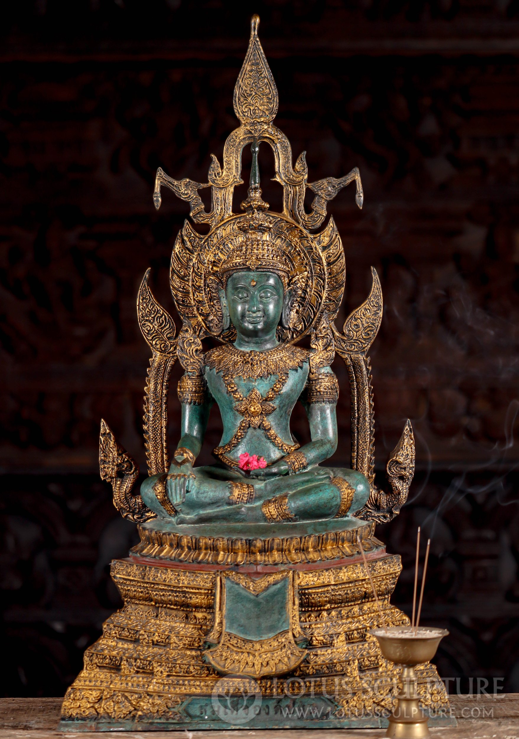 Intricately Cast Thai Brass Royal Seated Buddha Statue in Earth Touching Mudra 28"