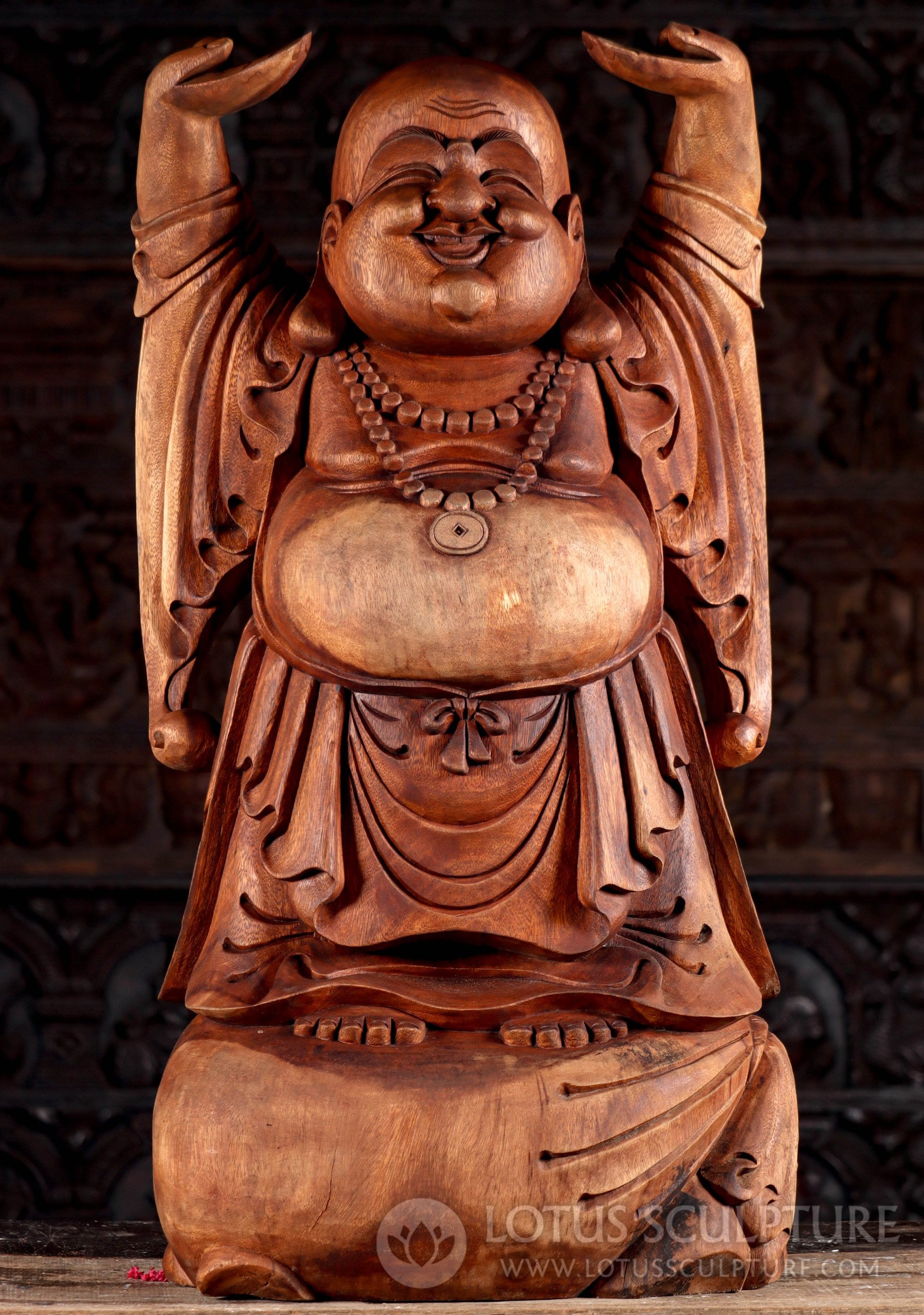 Tall Joyous Rapture Wood Buddha: Hotei's Wealth & Prosperity Embrace 39"