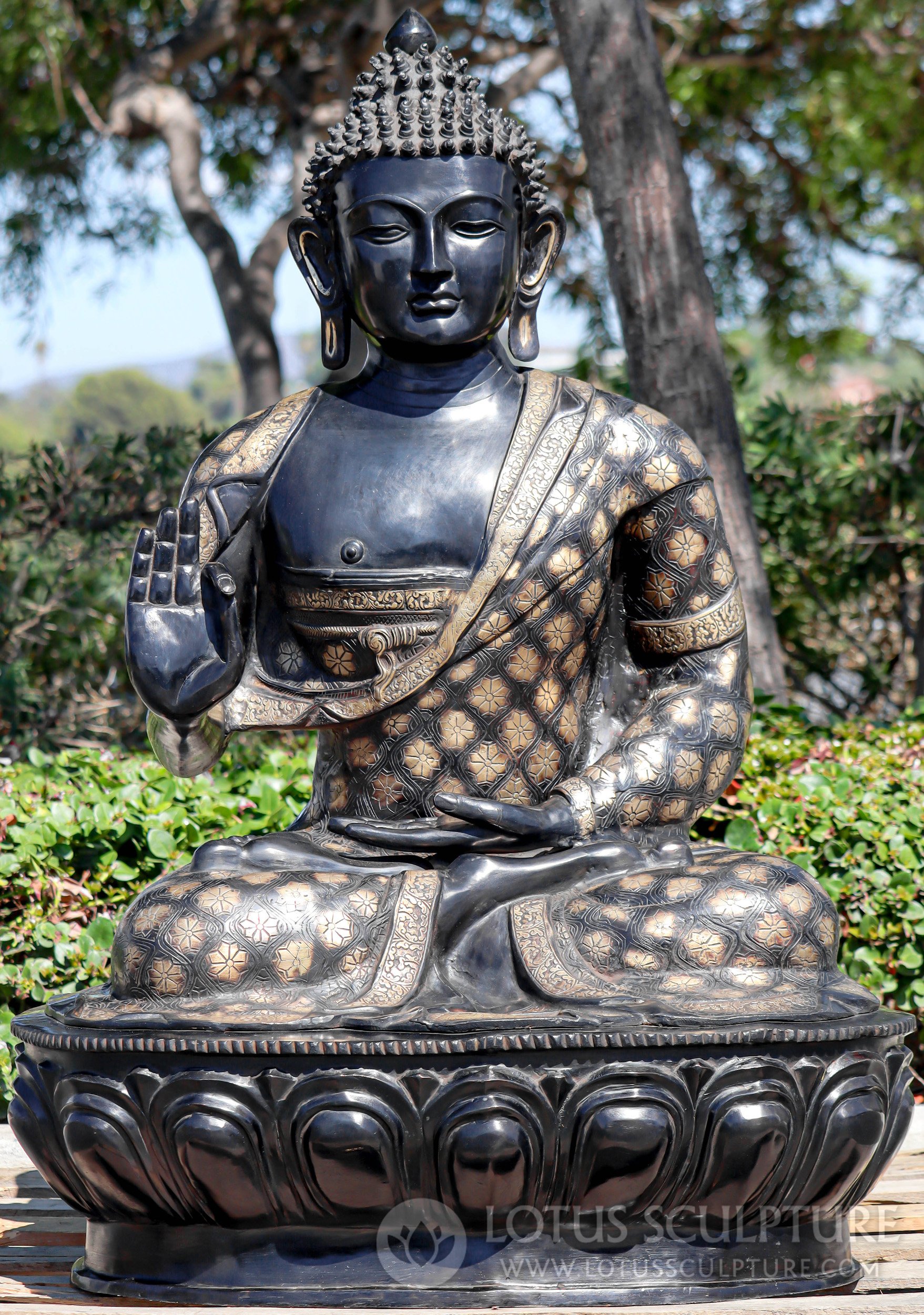 Majestic Black Brass Buddha: Floral Brocade Robes, Indian Artistry & Meditative Grace 46"