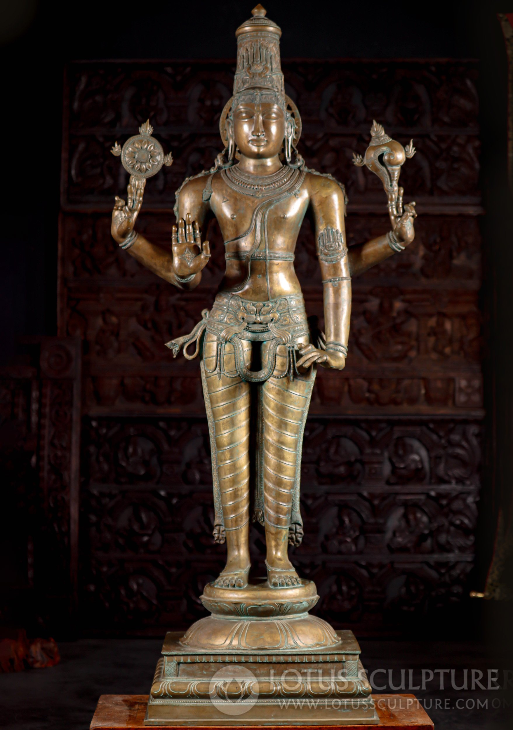 Bronze Vishnu Statue with Conch & Discus Life-Sized Panchaloha South Indian Mastery 63"