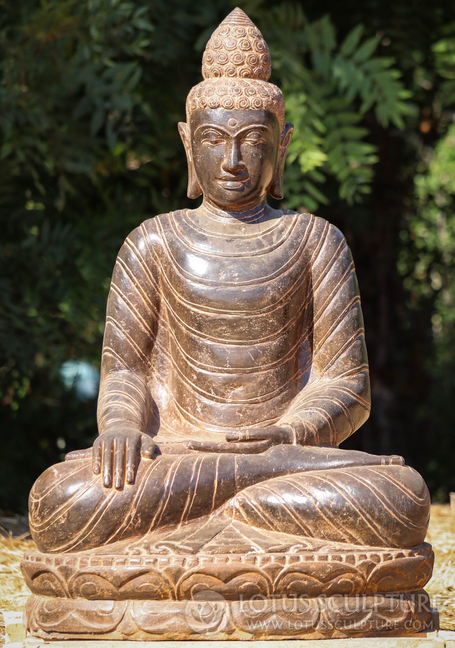 Saffron Lava Stone Garden Buddha Sculpture Seated in Earth Touching Mudra 39"