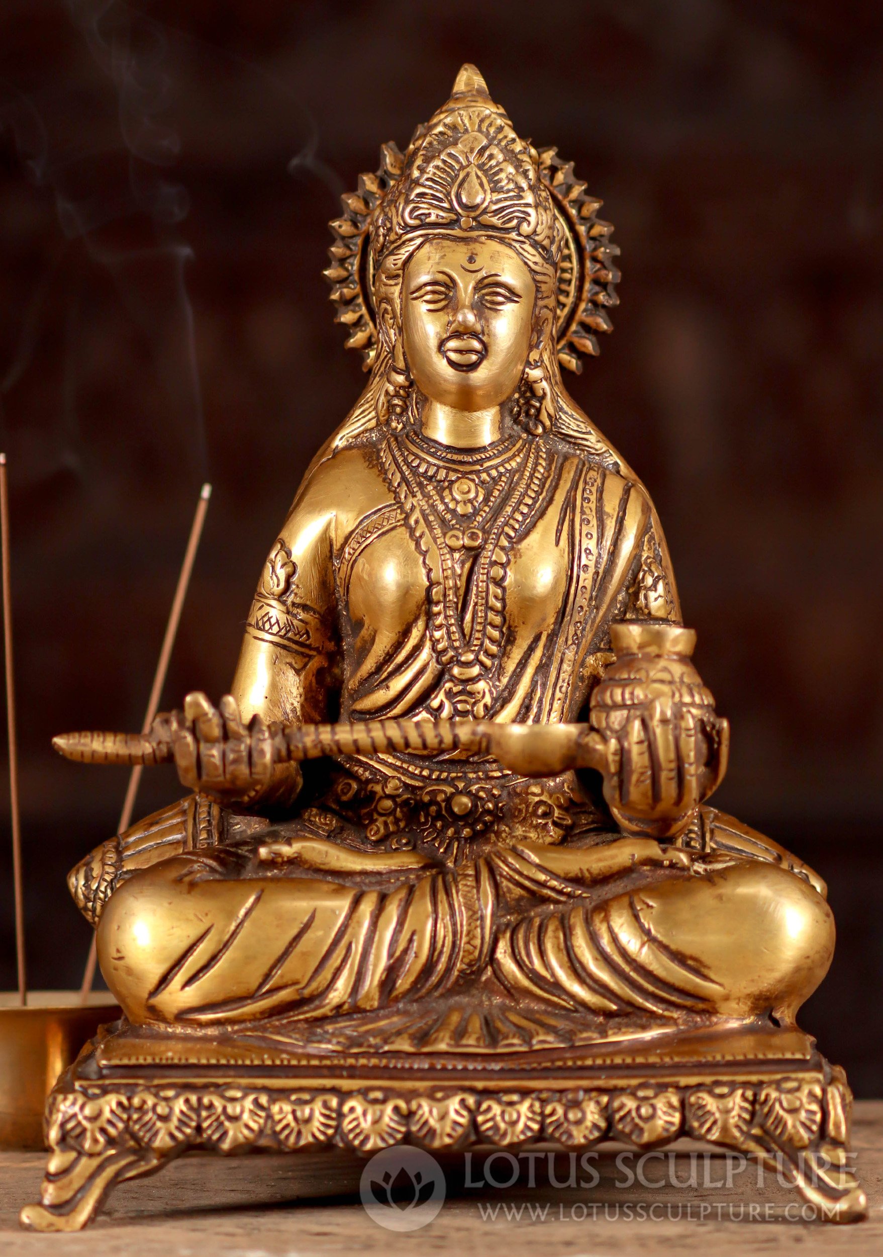 Annapurna Statue, Hindu Goddess of Nourishment & Sustenance Cast in Golden Brass 9"