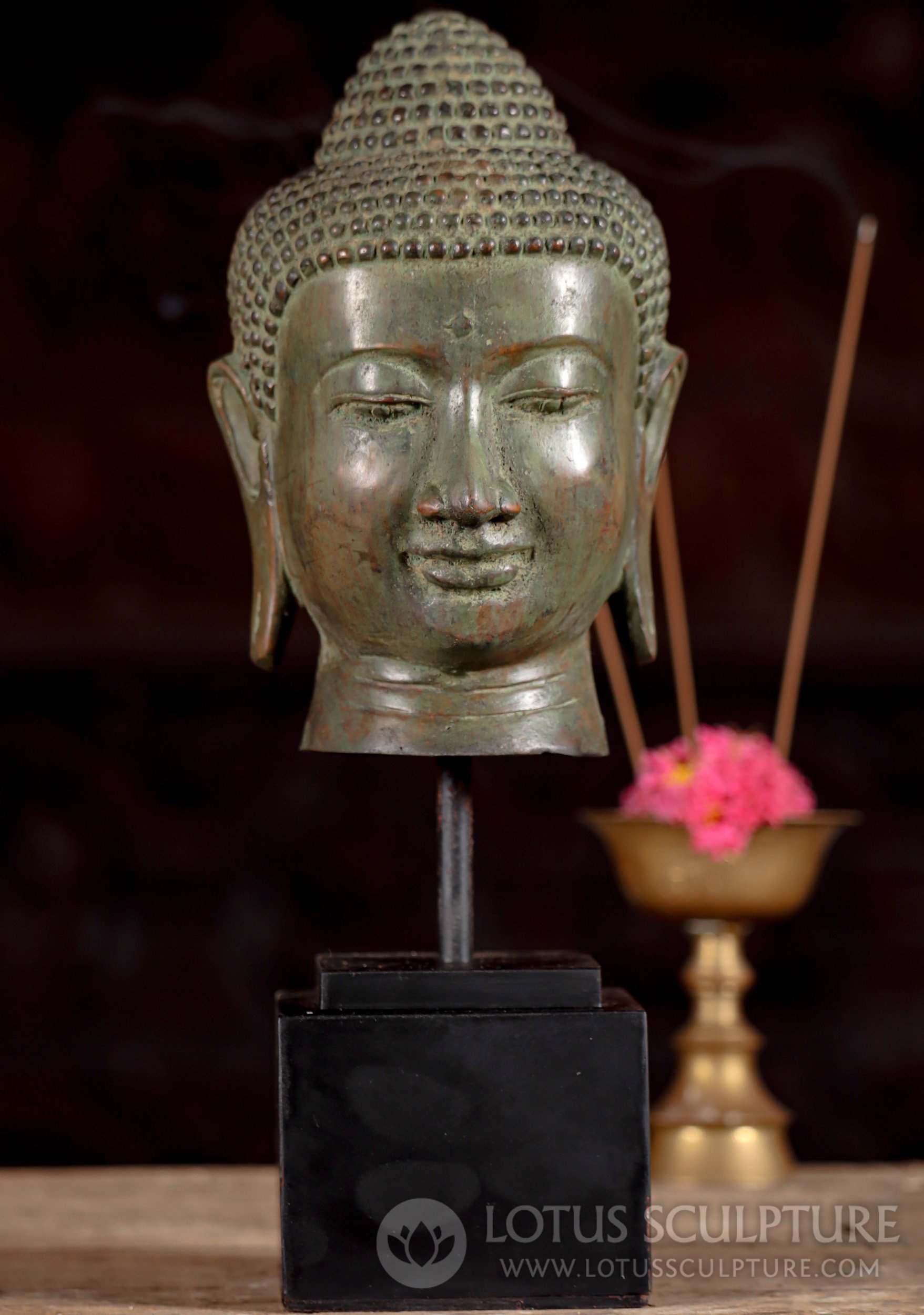 Verdigris Patina Buddha: Serene on Black Wood, Journey of Enlightenment 11.5"