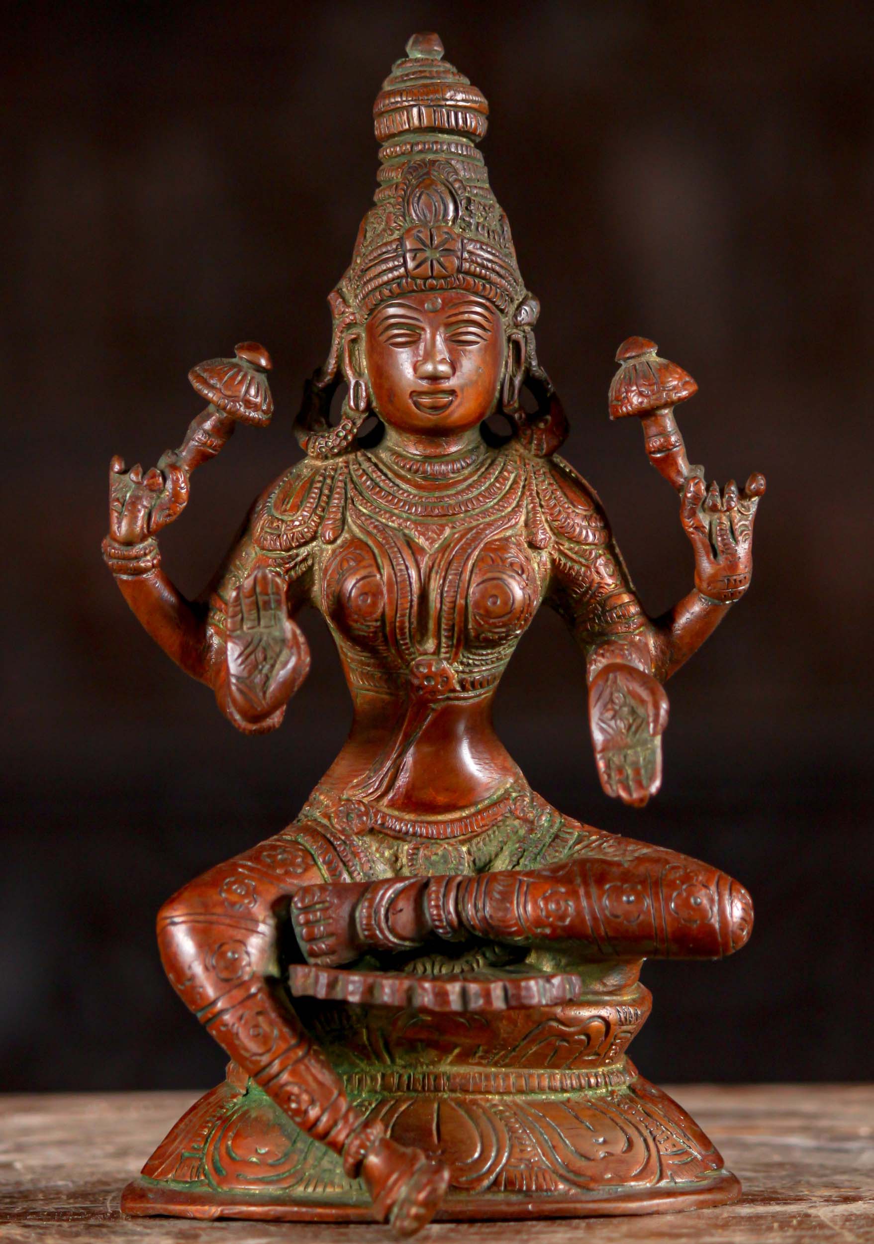 Brass Lakshmi Seated Holding Two Lotus Flowers in Abhaya Mudra of Protection 8"