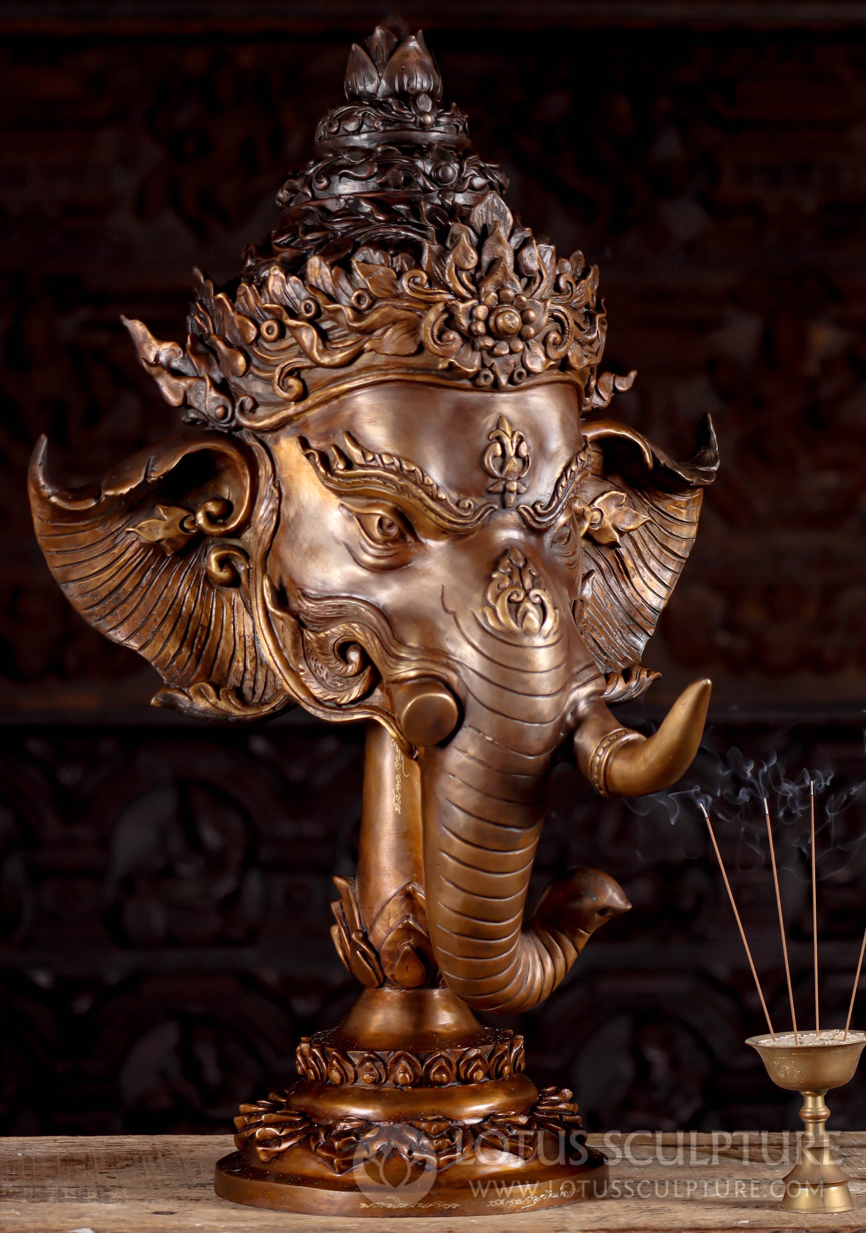 Detailed Brass Ganesha Bust Sculpture Wearing a Crown Resting on a Lotus Stand 27"