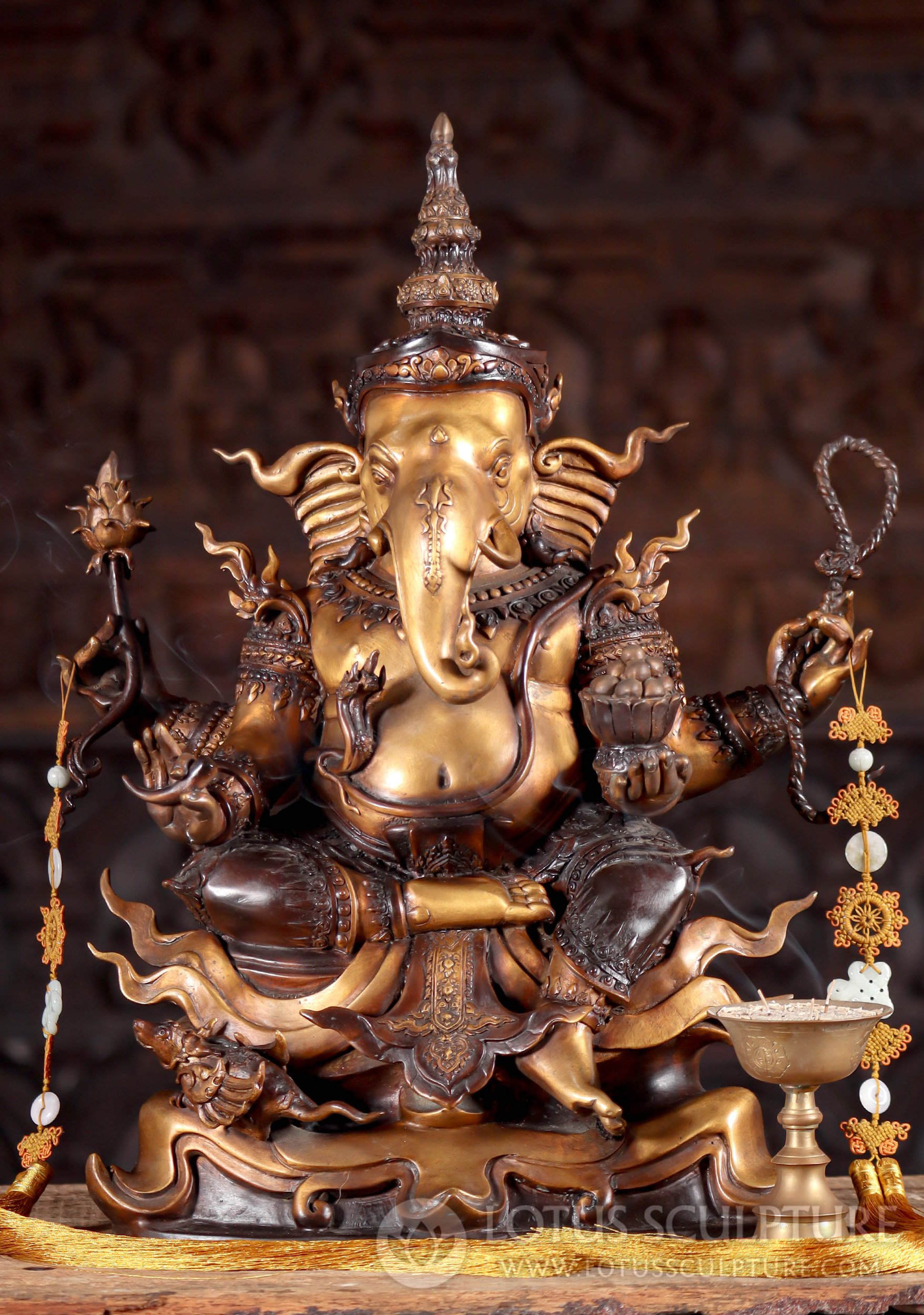 Brass Modern Thai Style Seated Ganesha Sculpture with Laddus, Noose, Tusk, and Lotus 19"