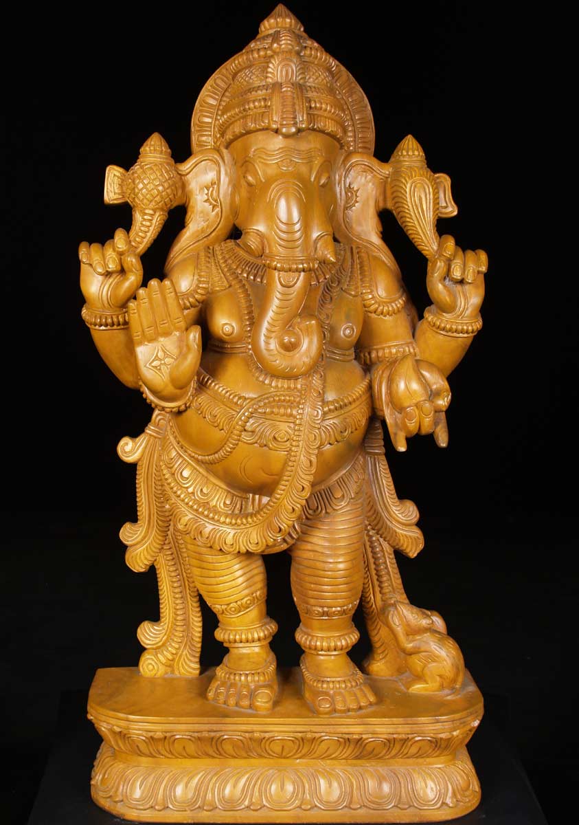 Wooden Ganesh Statue with Rat 36"