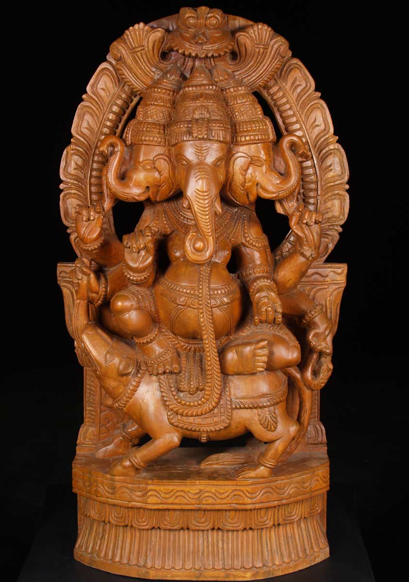 Wooden 3 Headed Ganesh on Rat 36"