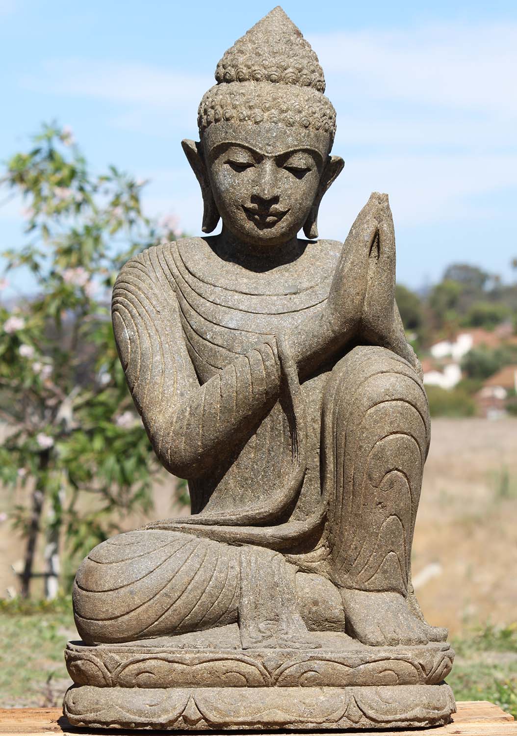 SOLD Stone Namaste Resting Buddha Sculpture 37" (#102ls23a): Hindu Gods