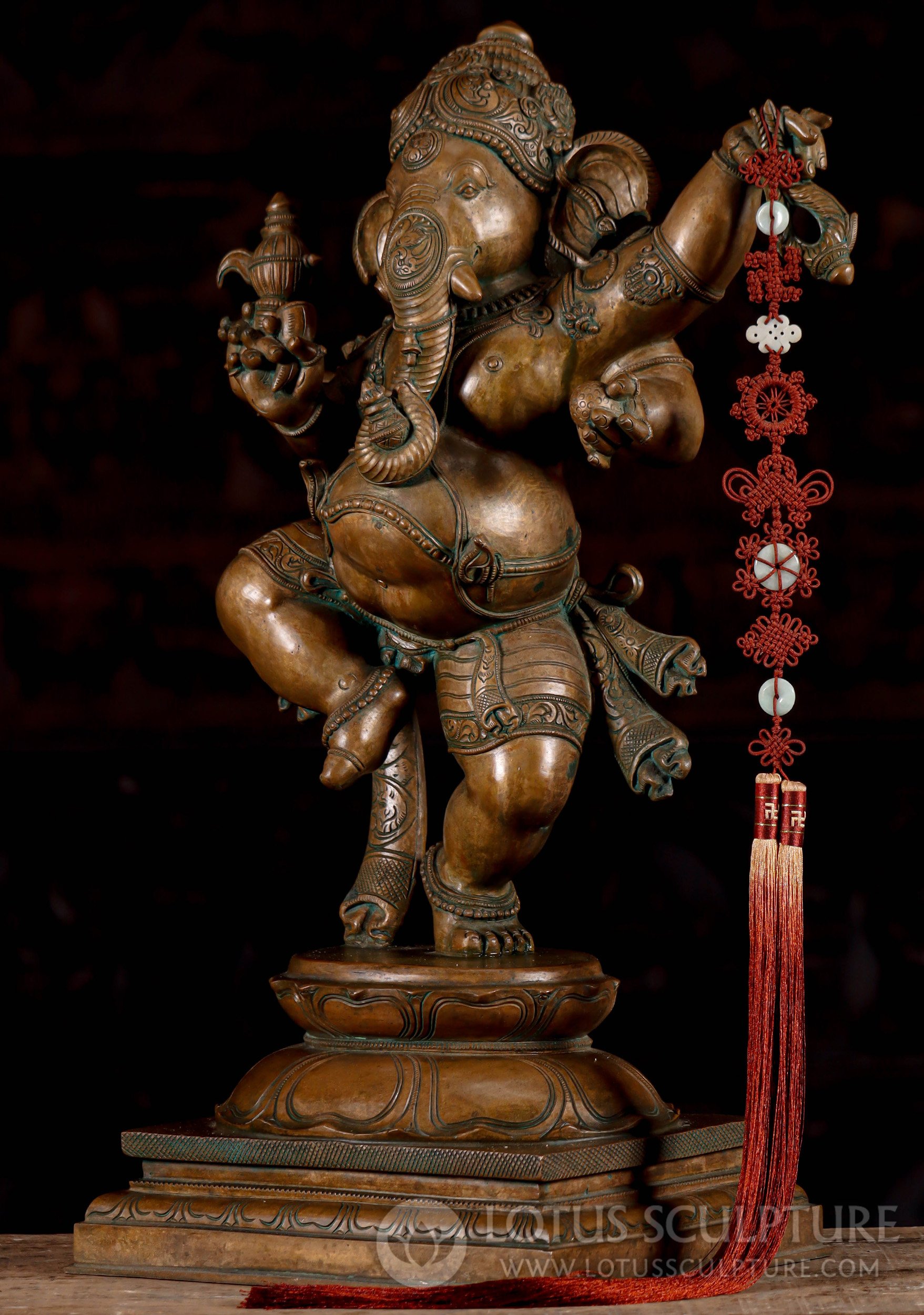 Indian Bronze Dancing Ganesh Statue With Tusk, Goad, Noose, and Sweets 24"