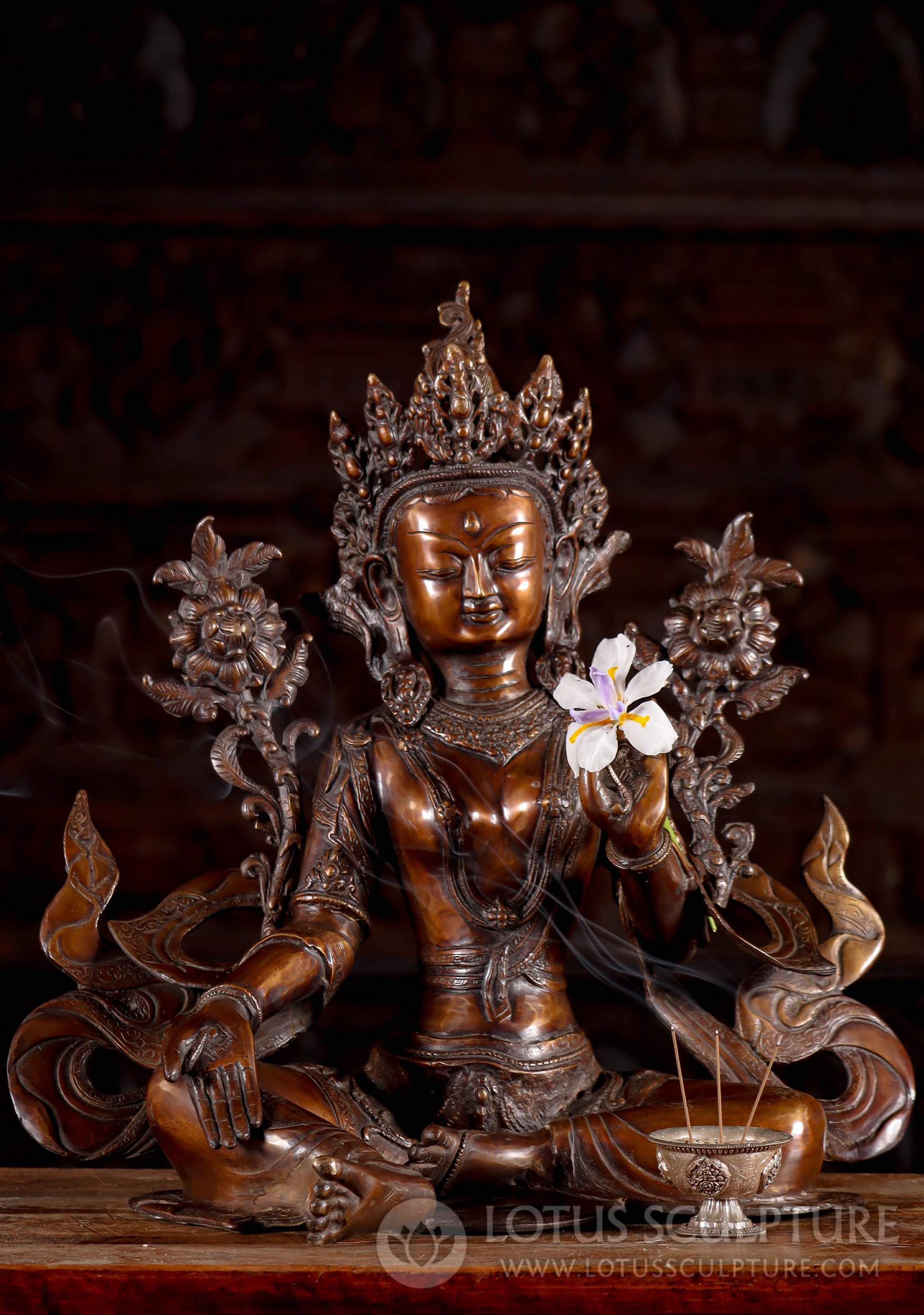 Beautiful Brass Green Tara Statue Holding Lotus & Utpala Flowers Seated in Lalitasana Position 19"