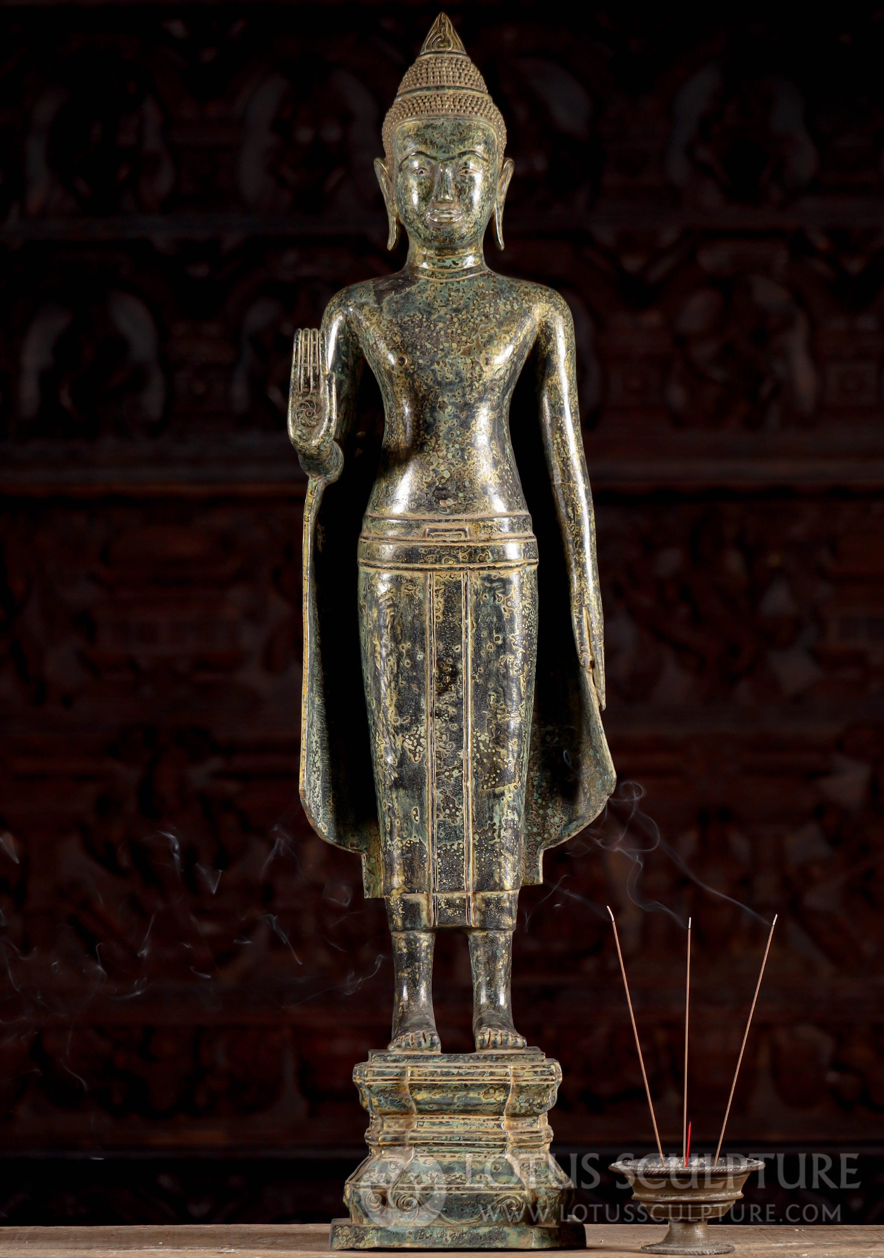 Elegant Antique Cambodian Bronze Buddha: Abhaya Mudra, Green Patina, Ushnisha 34"