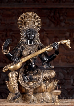 Brass Large Saraswati Statue Seated in Lalitasana on Large Lotus Base  Playing Veena 53