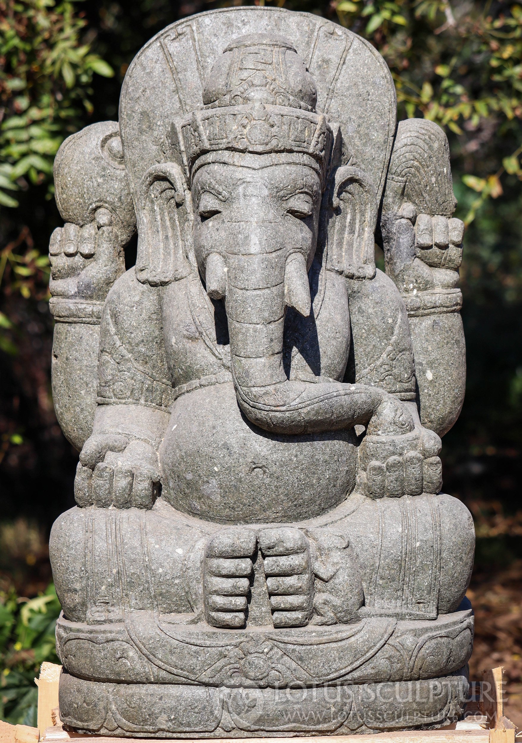 Stone Hand Carved Seated Ganesh With Mahakala on Back Garden Sculpture 39"