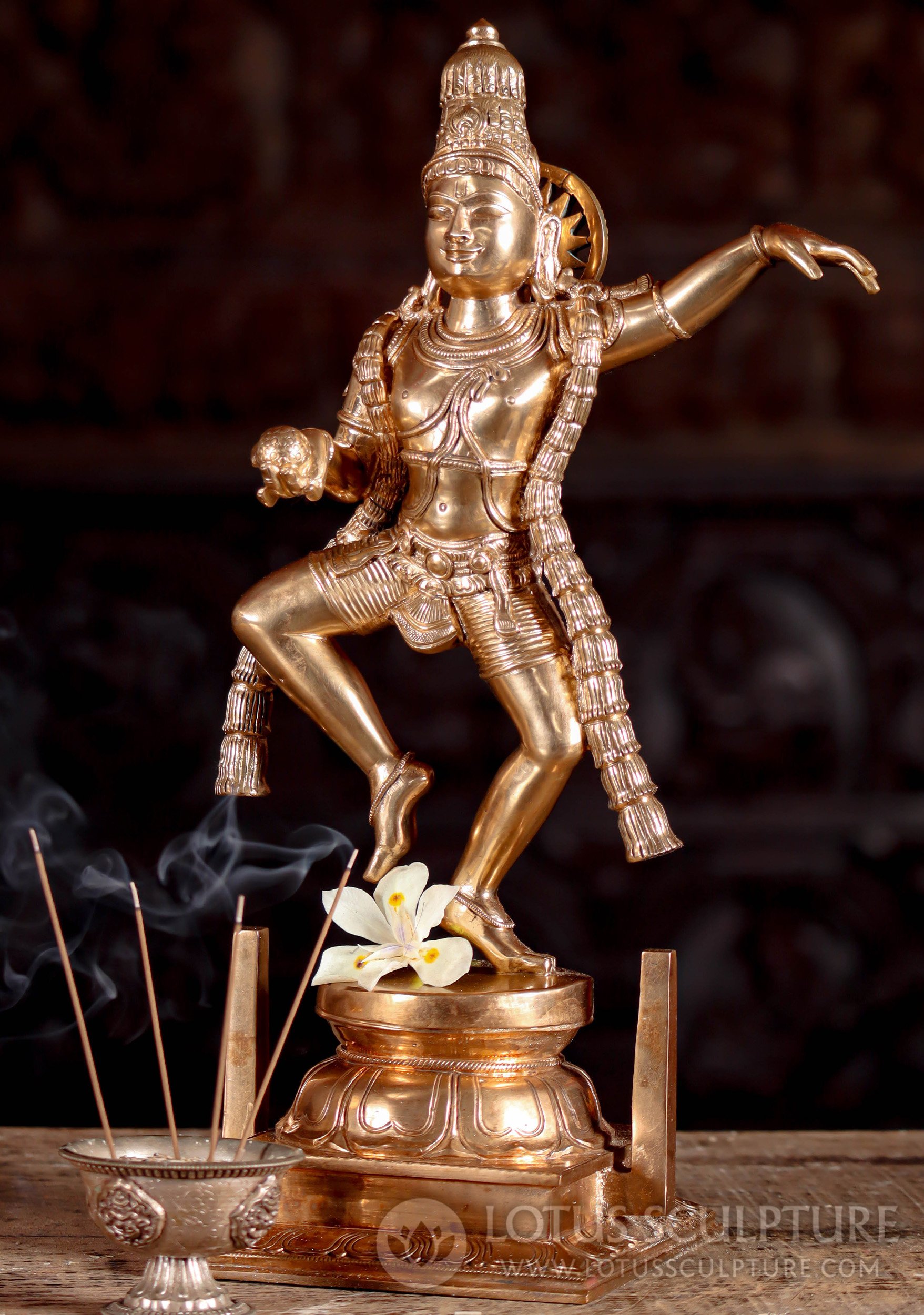 Bronze Krishna Dancing with Hand Raised Wearing Garland Mala with Butter Ball Statue 15"