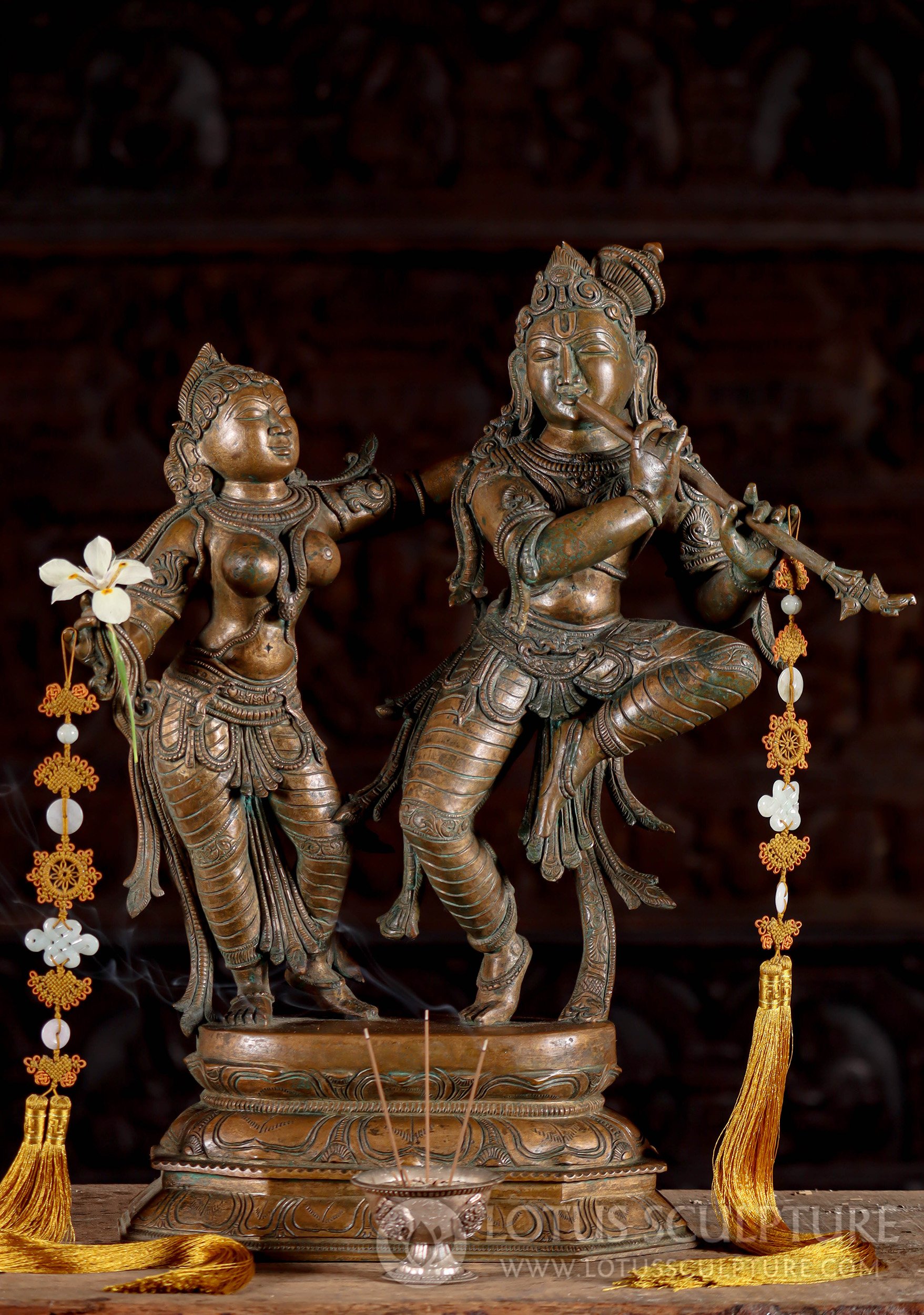 Bronze Radha and Krishna Dancing on Lotus Base - South Indian Lost Wax Art 19.5"