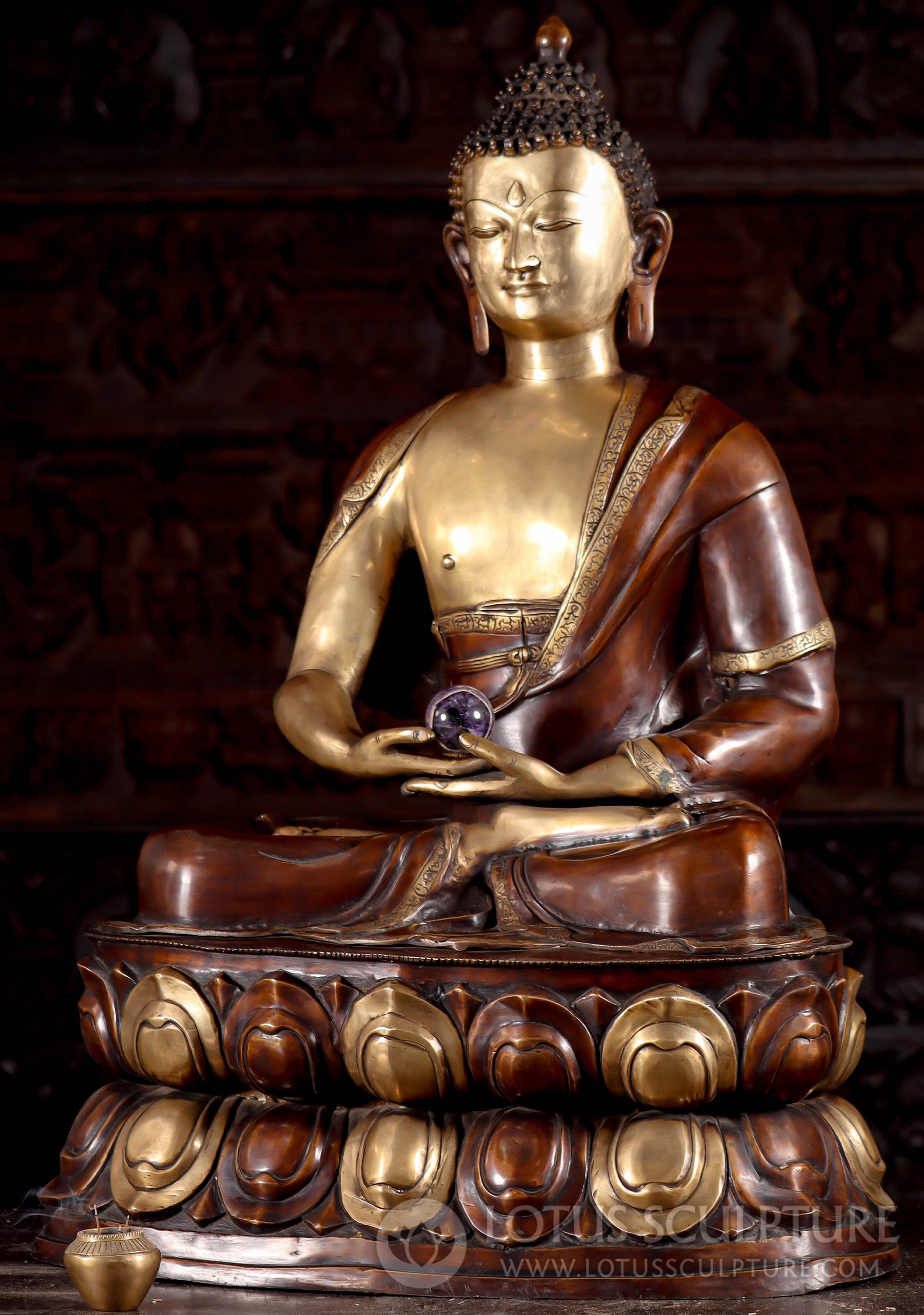 Radiant Indian Brass Buddha Sitting Peacefully in Meditation on Lotus Base in Silver & Copper 38"