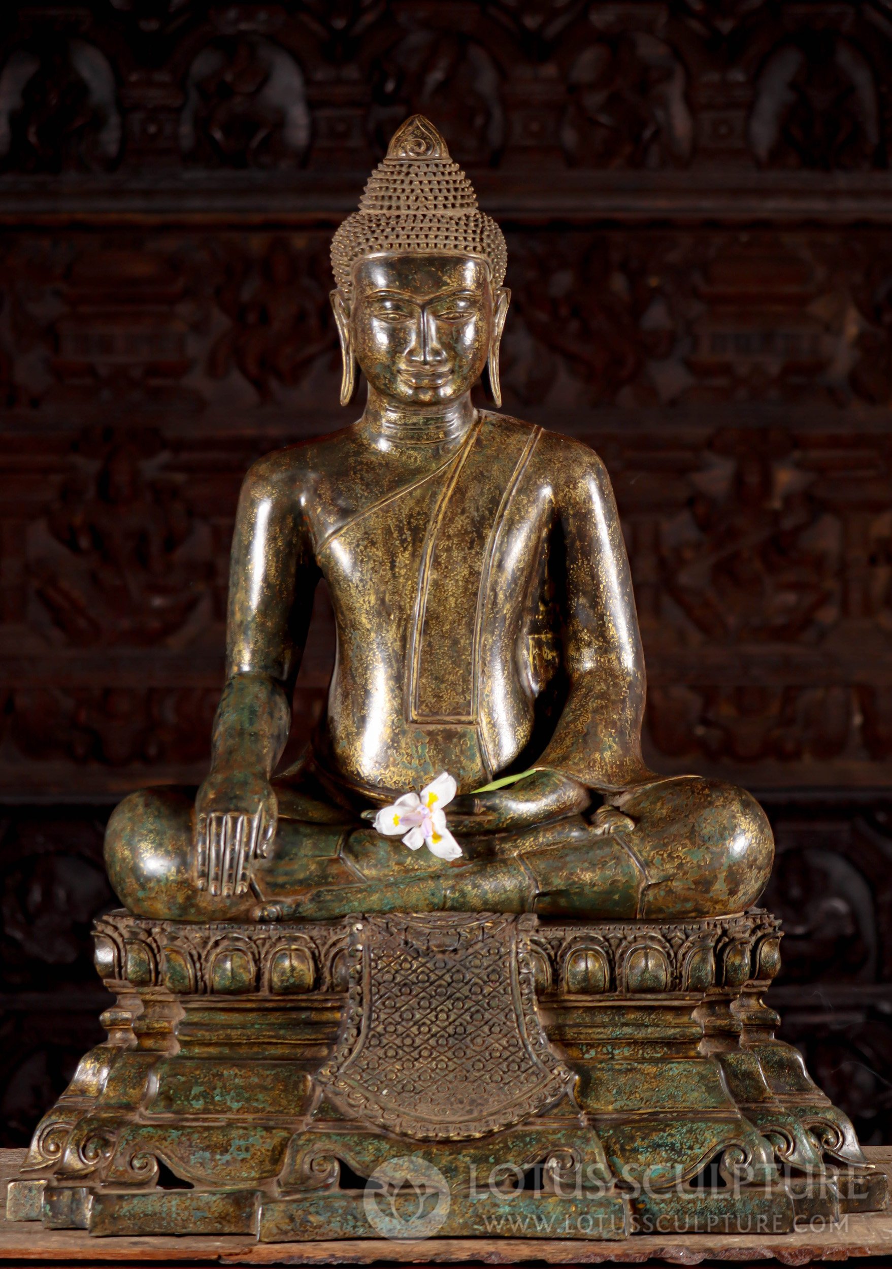 Cambodian Bronze Buddha Statue: Earth-Touching Mudra, Elaborate Throne Base 32"