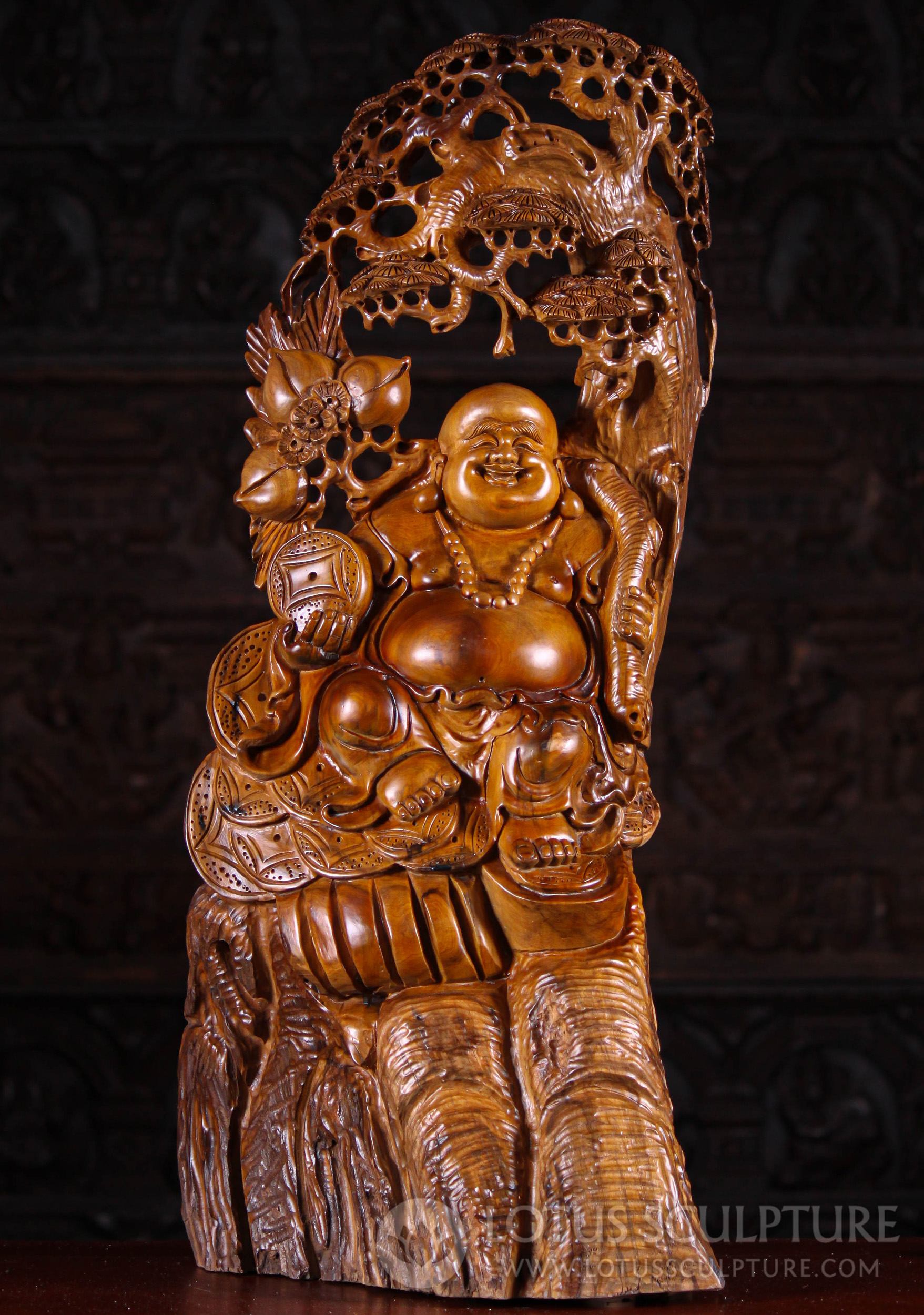 Hand-Carved Vietnamese Wood Fat Buddha of Wealth, Coins & Peaches, Mala Adorned 31"