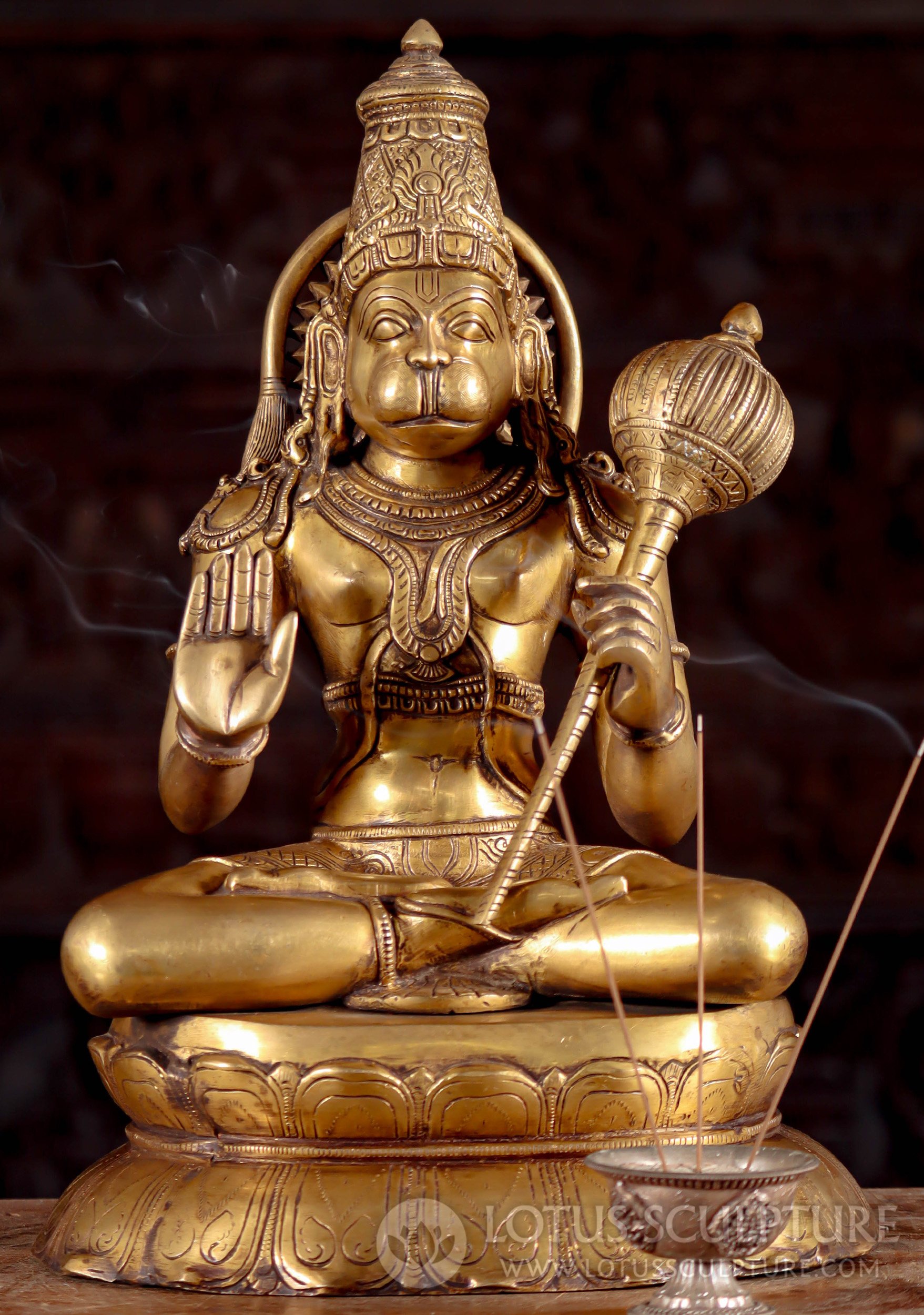 Brass Hanuman Statue Seated in Padmasana Position with Club & Halo on Lotus  Base 16