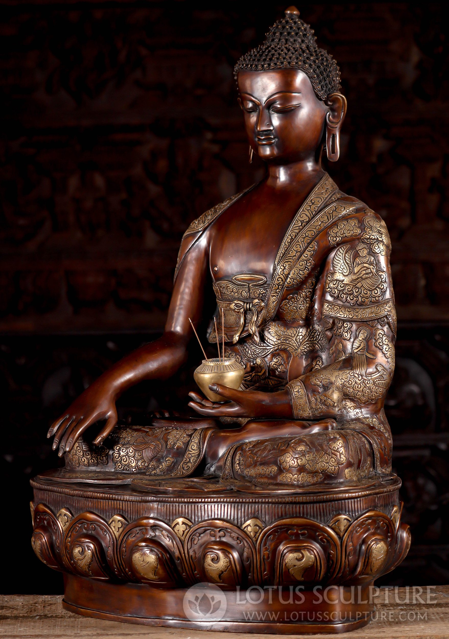 Beautiful Earth Touching Buddha Sculpture Wearing Robes with Scenes from Buddha's Life 33.5"