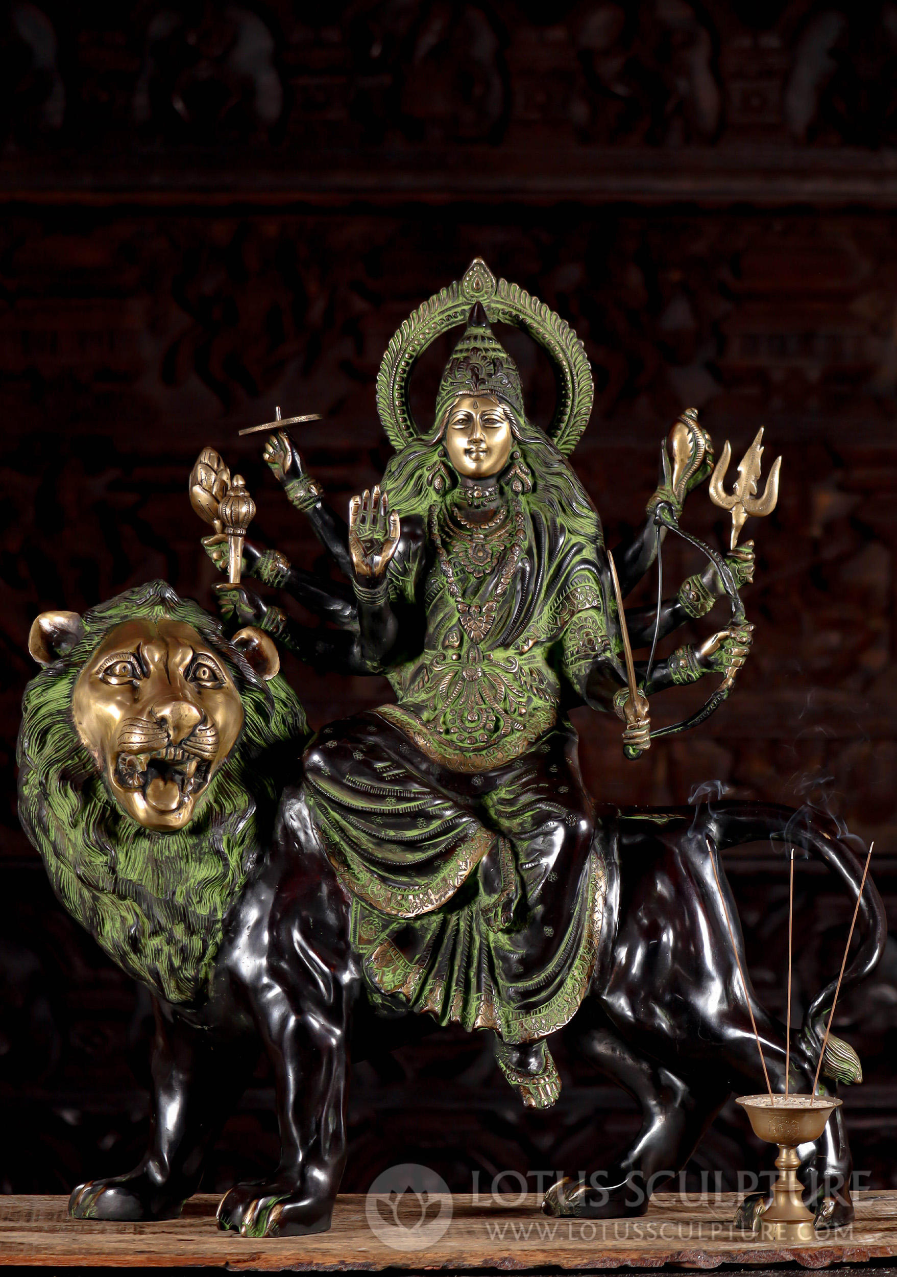 SOLD Black, Green & Gold Indian Brass Durga Statue Riding Her Vehicle Lion  in Abhaya Mudra 27 (#160bs37a): Hindu Gods & Buddha Statues