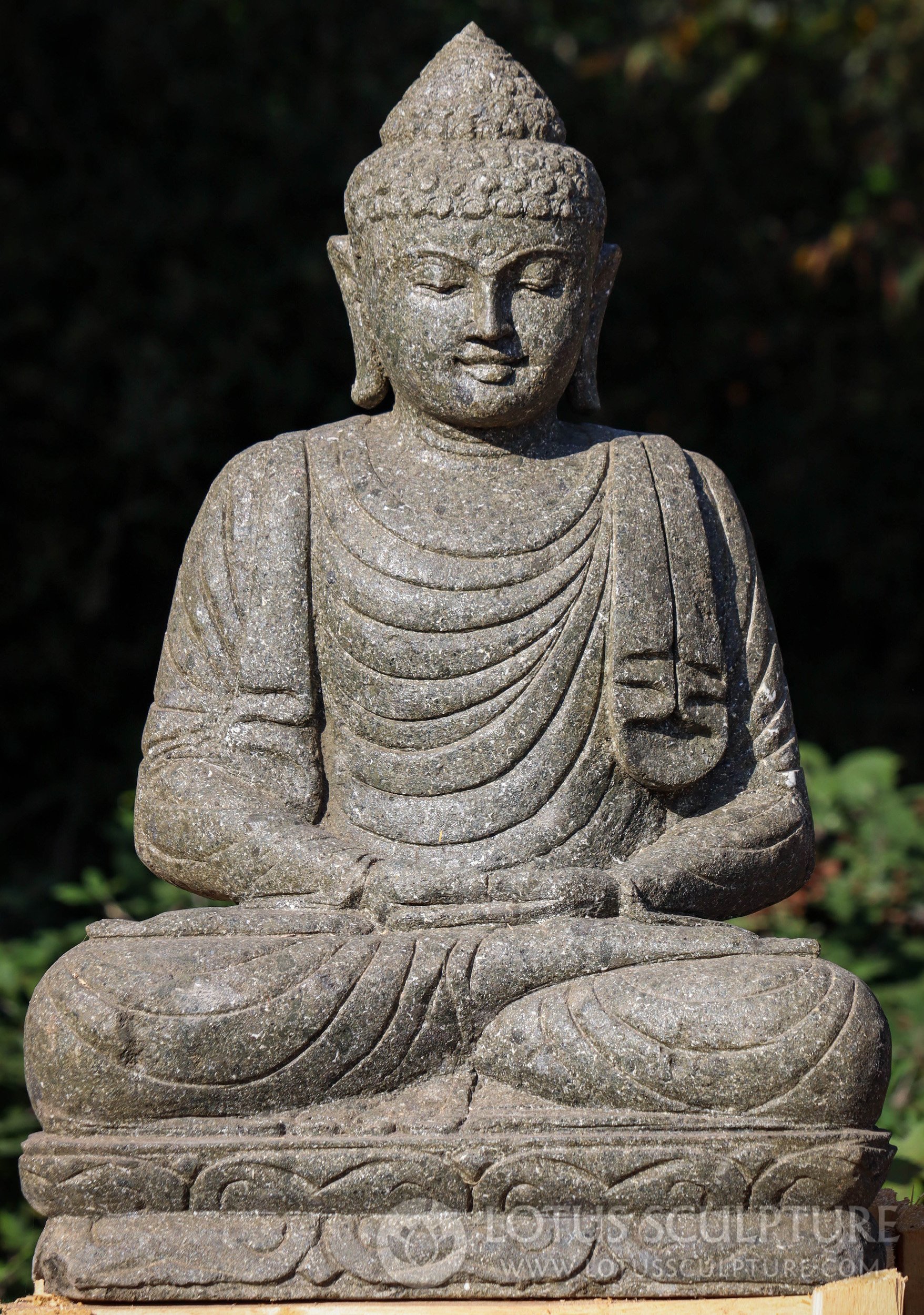 Carved Lava Stone Buddha Sculpture, Serenity in Meditation Seated in Full Lotus Pose 28"