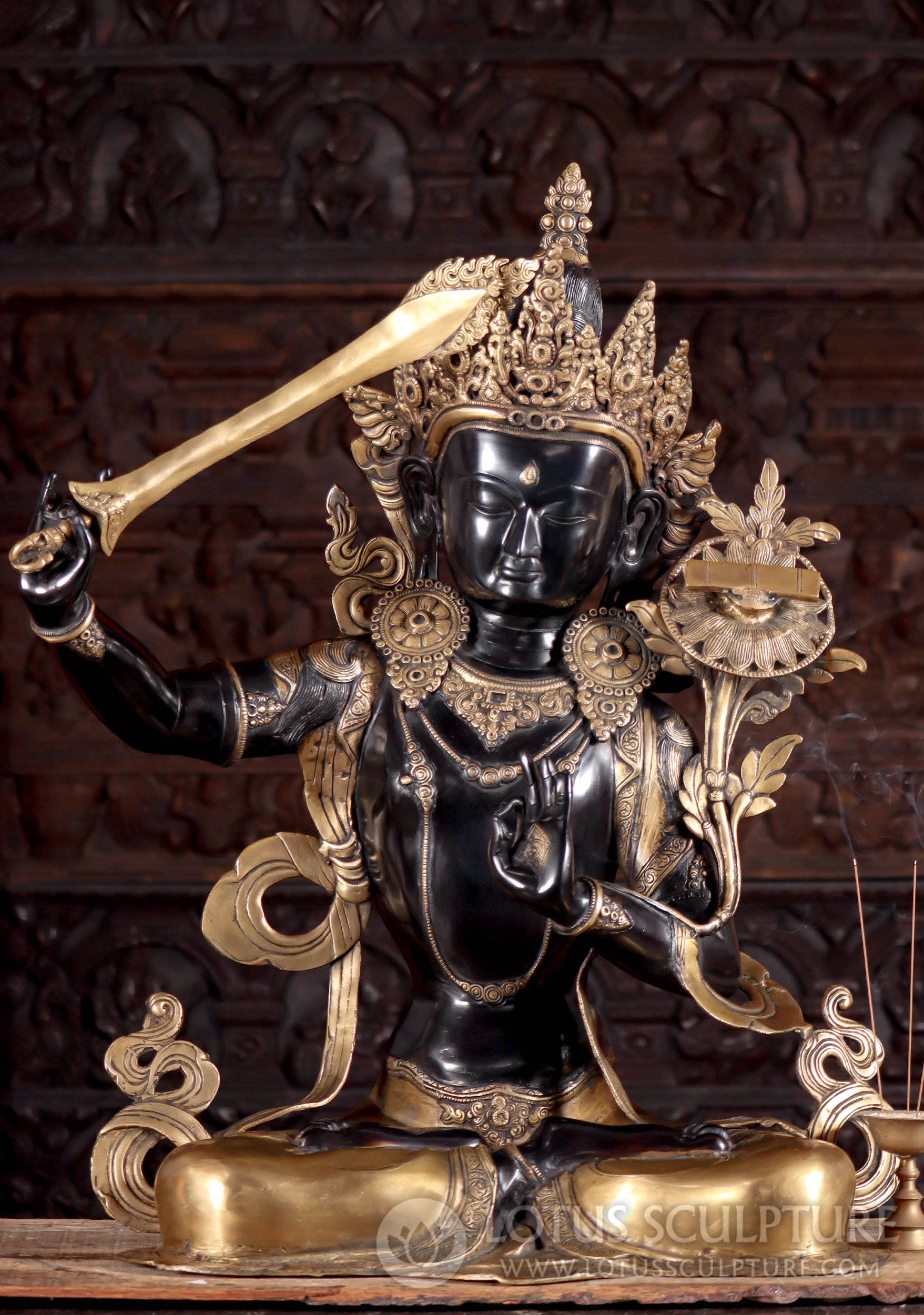 Black & Gold Brass Manjushree Statue with Flaming Sword of Enlightenment 32"