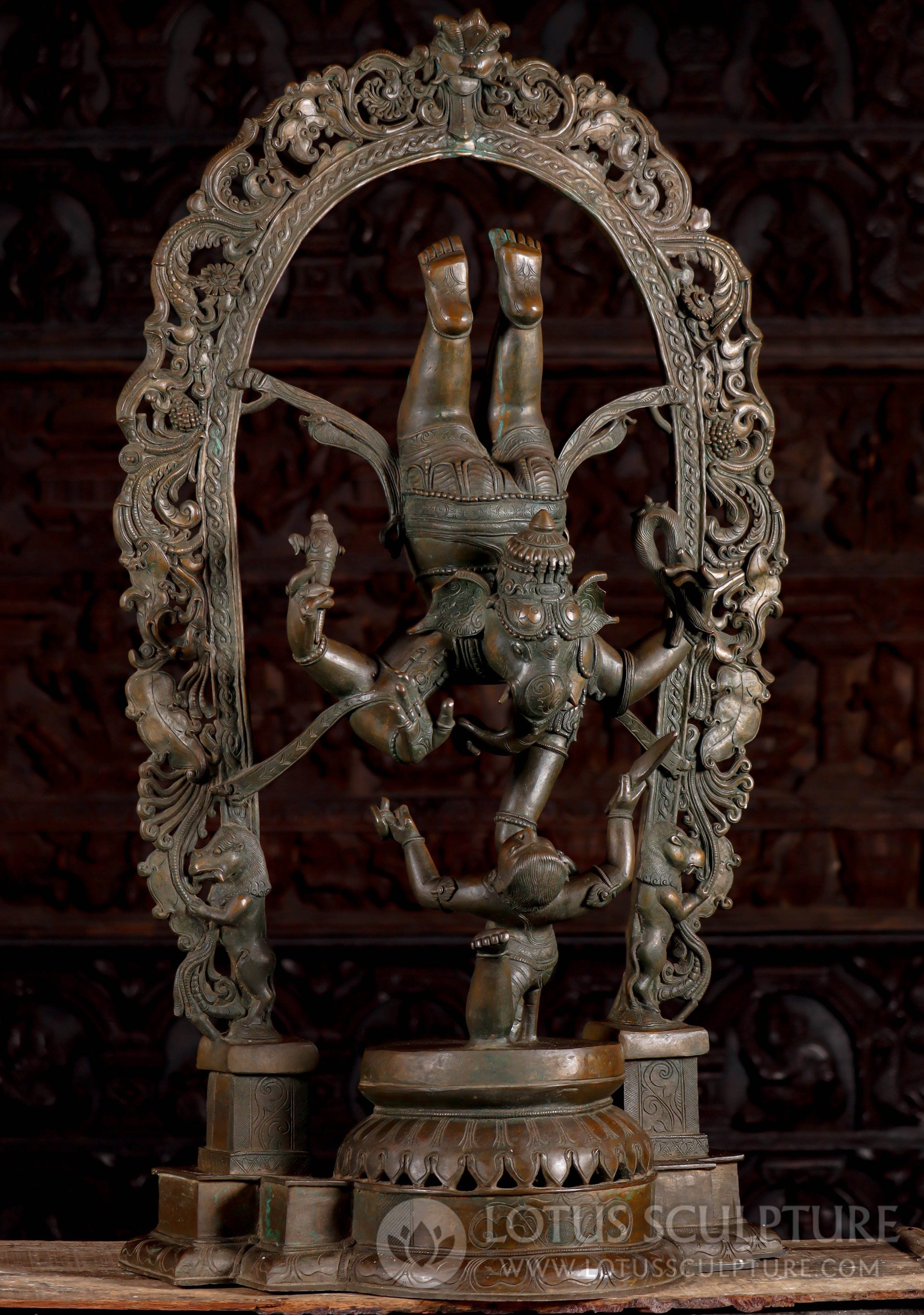 Bronze Flying Ganesha Descending from Heavens with Dwarf of Ignorance & Beautiful Arch 42"