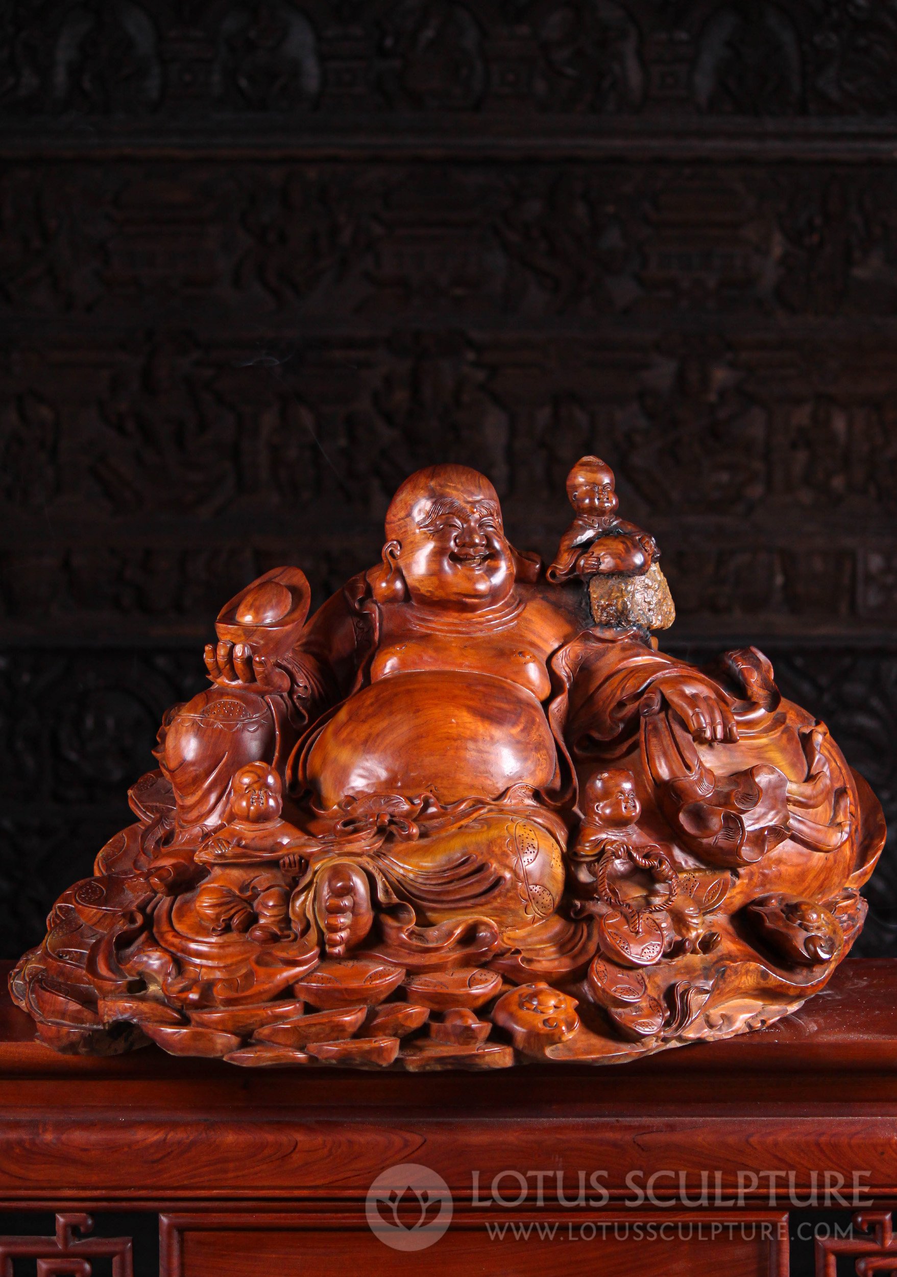 Wood Fat & Happy Buddha of Wealth with Gold Coin, Playful Children & Natural Stone 33"