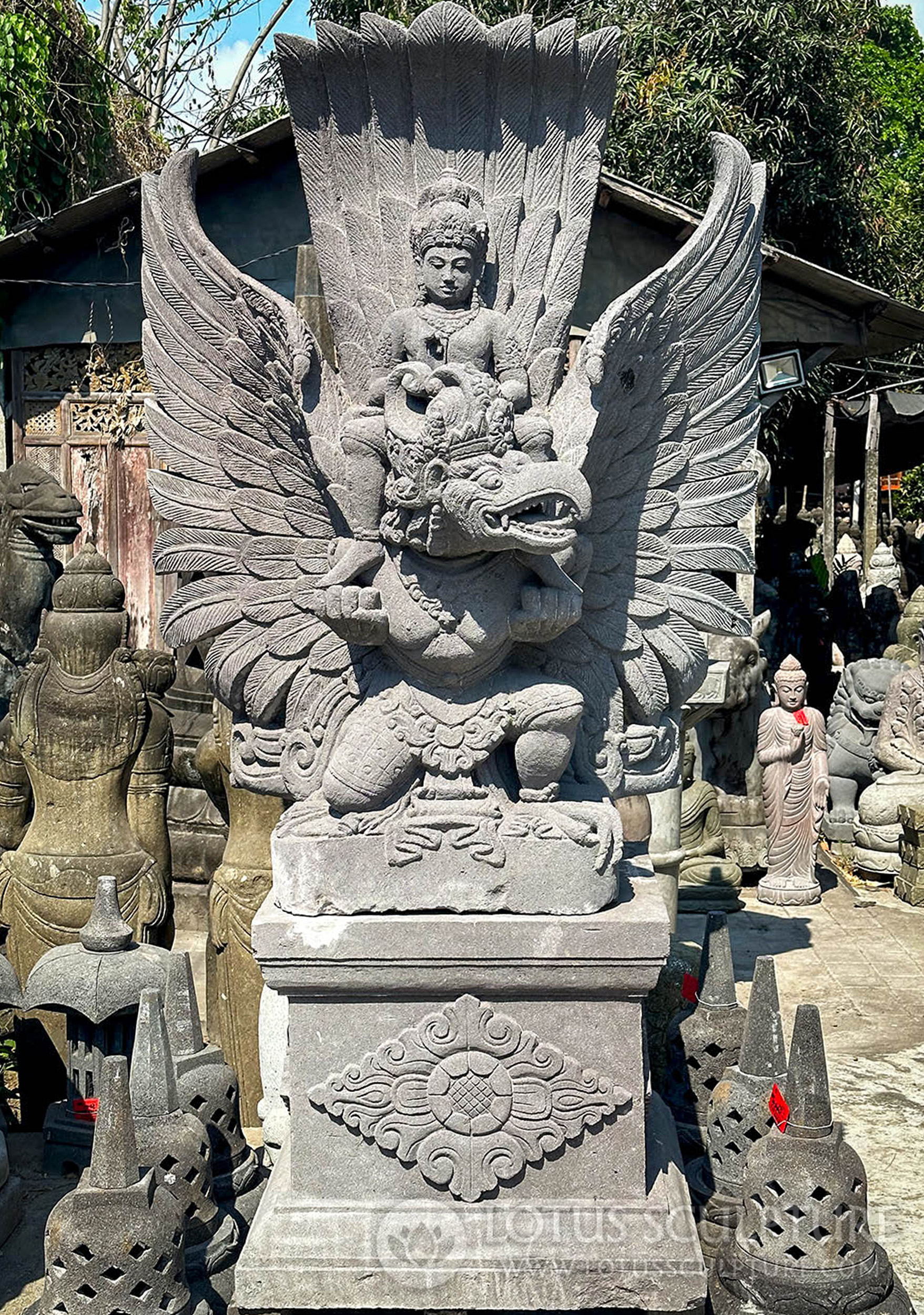 PREORDER Large Lava Stone Vishnu Riding Garuda with Outstretched Wings 94"