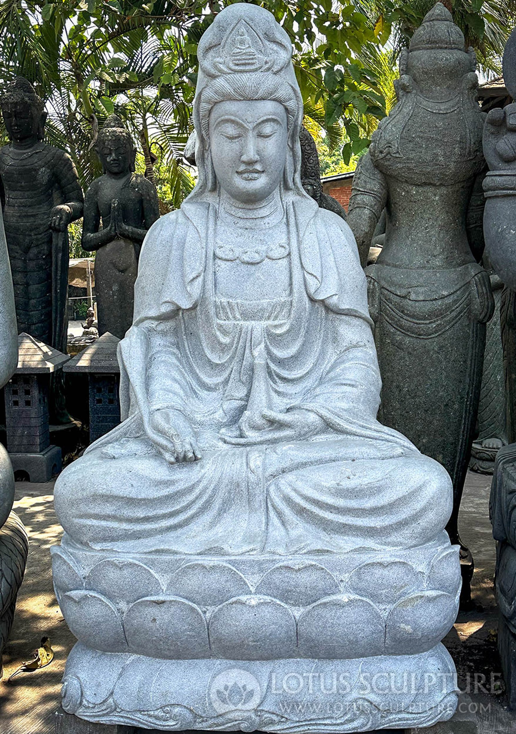 PREORDER Stone Statue of the Bodhisattva Kwan Yin Seated on Lotus Base 67"