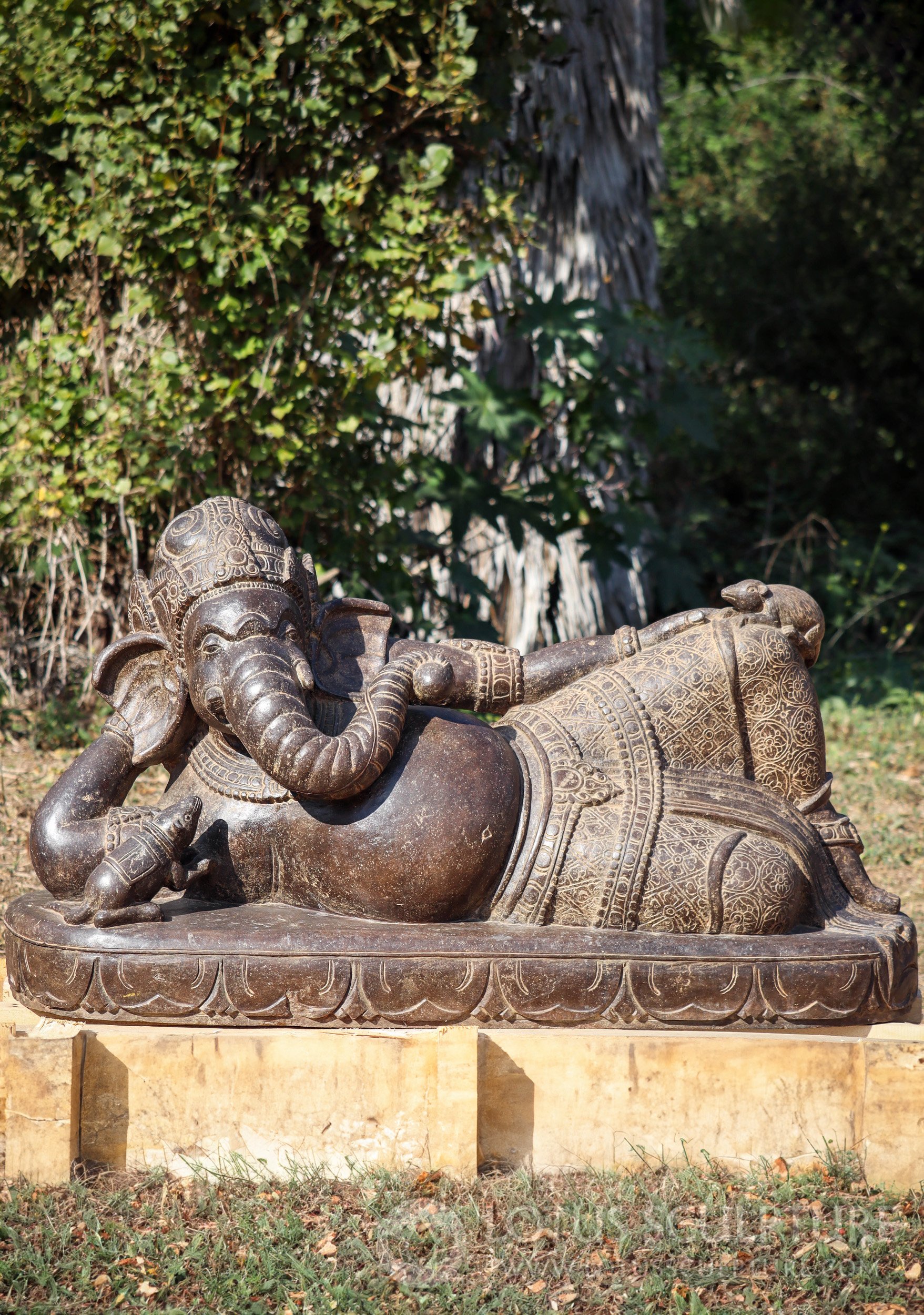 Hand Carved Stone Reclining Ganesh Sculpture Relaxing with Two Rats 49"