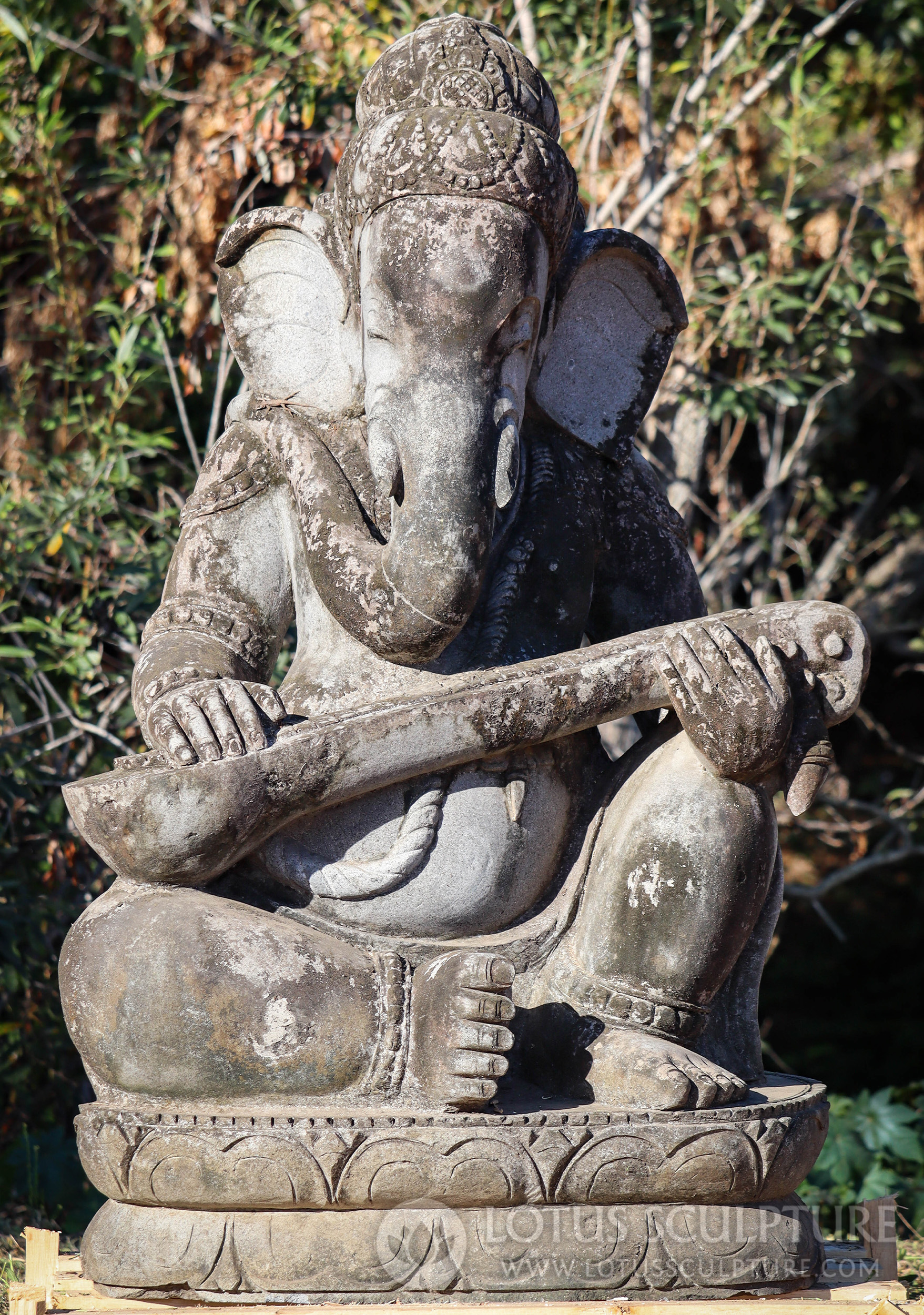 Antique Stone Garden Musical Ganesha Statue Covered in Moss Playing Sita on Lotus Base 53"