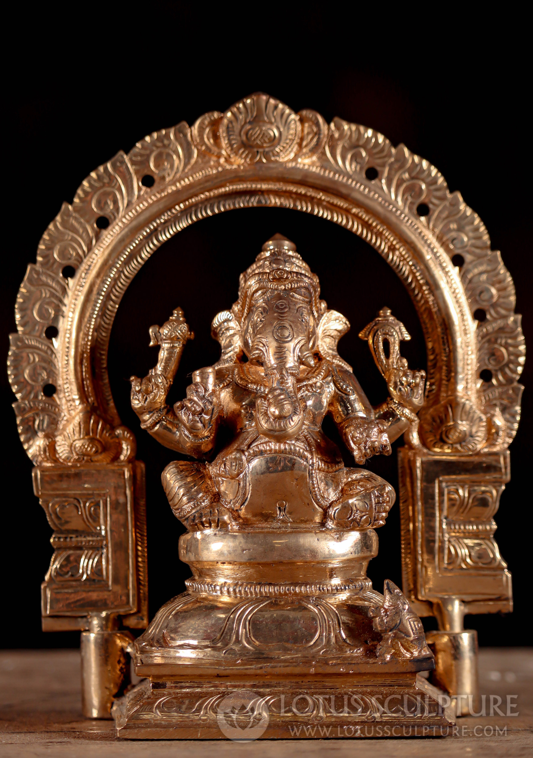 Ganesha Statue Polished Panchaloha Indian Bronze Seated under Mahakala Arch 6"